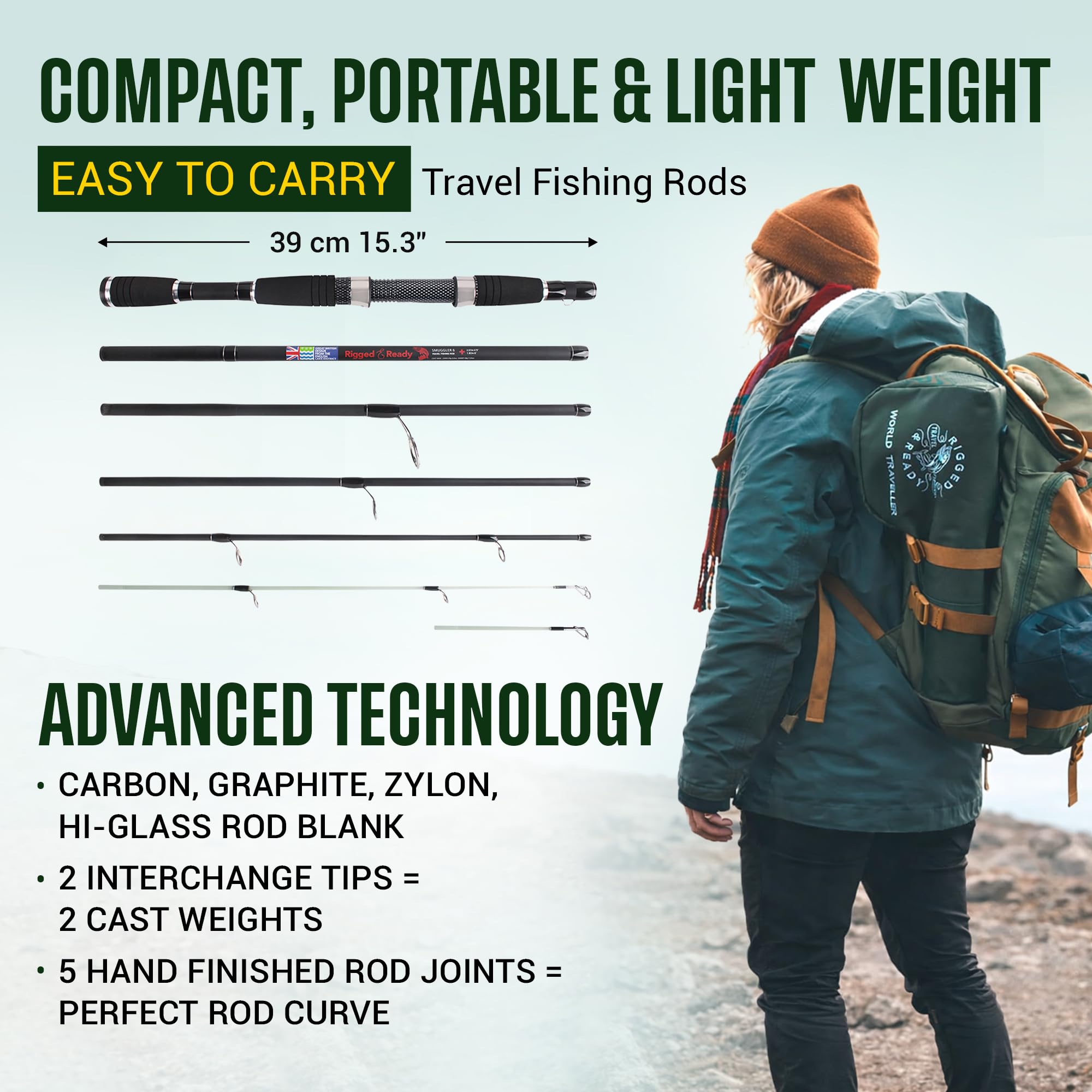 Rigged and Ready Smuggler Series™ Travel Fishing Rods. Super Compact, 1 Spinning Rod and Reel Combo, 4 Spin, 1 Casting Rod + Cases. 2, 3 or 4 Tips. Spin and General Freshwater - Saltwater Fishing