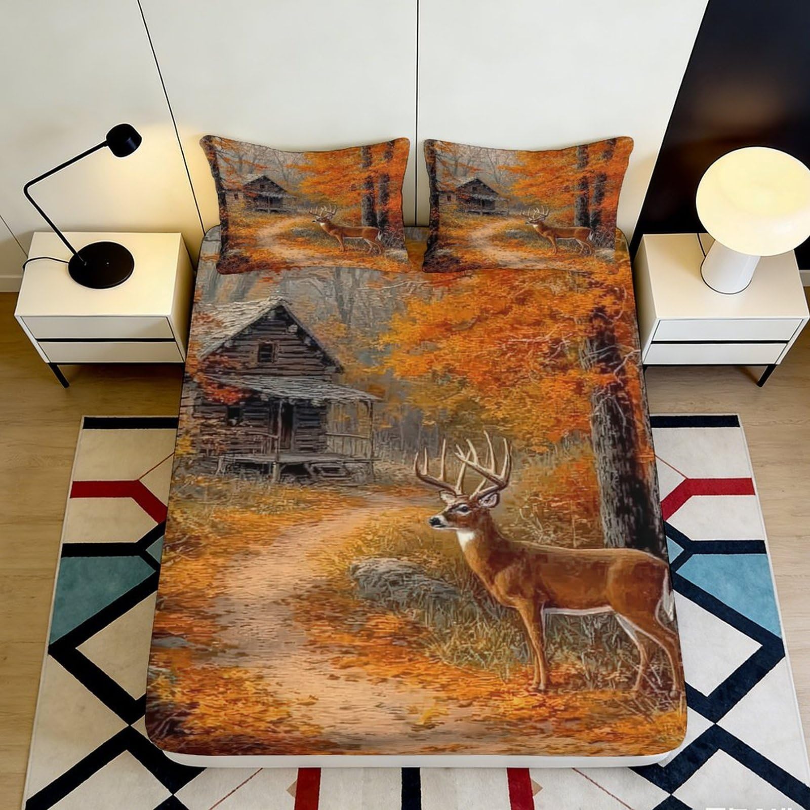 3D Printed Autumn Forest Fitted Sheet Microfiber Soft Cabin Deer Mattress Cover for Bedroom Guest Room Decor 90x200x25cm