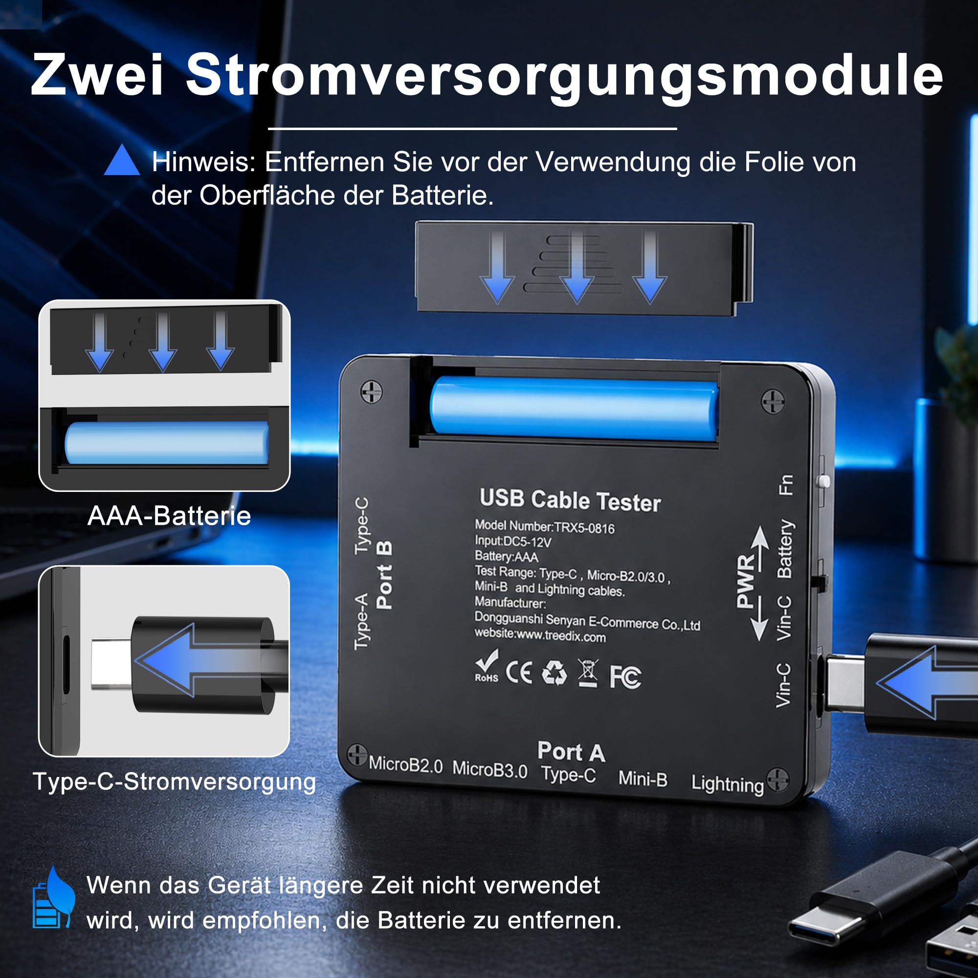 Treedix USB-Kabeltester, 2,4-Zoll-Farbdisplay USB-C-Kabeltester,USB-Tester unterstützt Kabeltests, Widerstandstests, Type-C eMarker für Lightning, Micro-B 2.0, Micro-B 3.0, Type-C, Mini-B