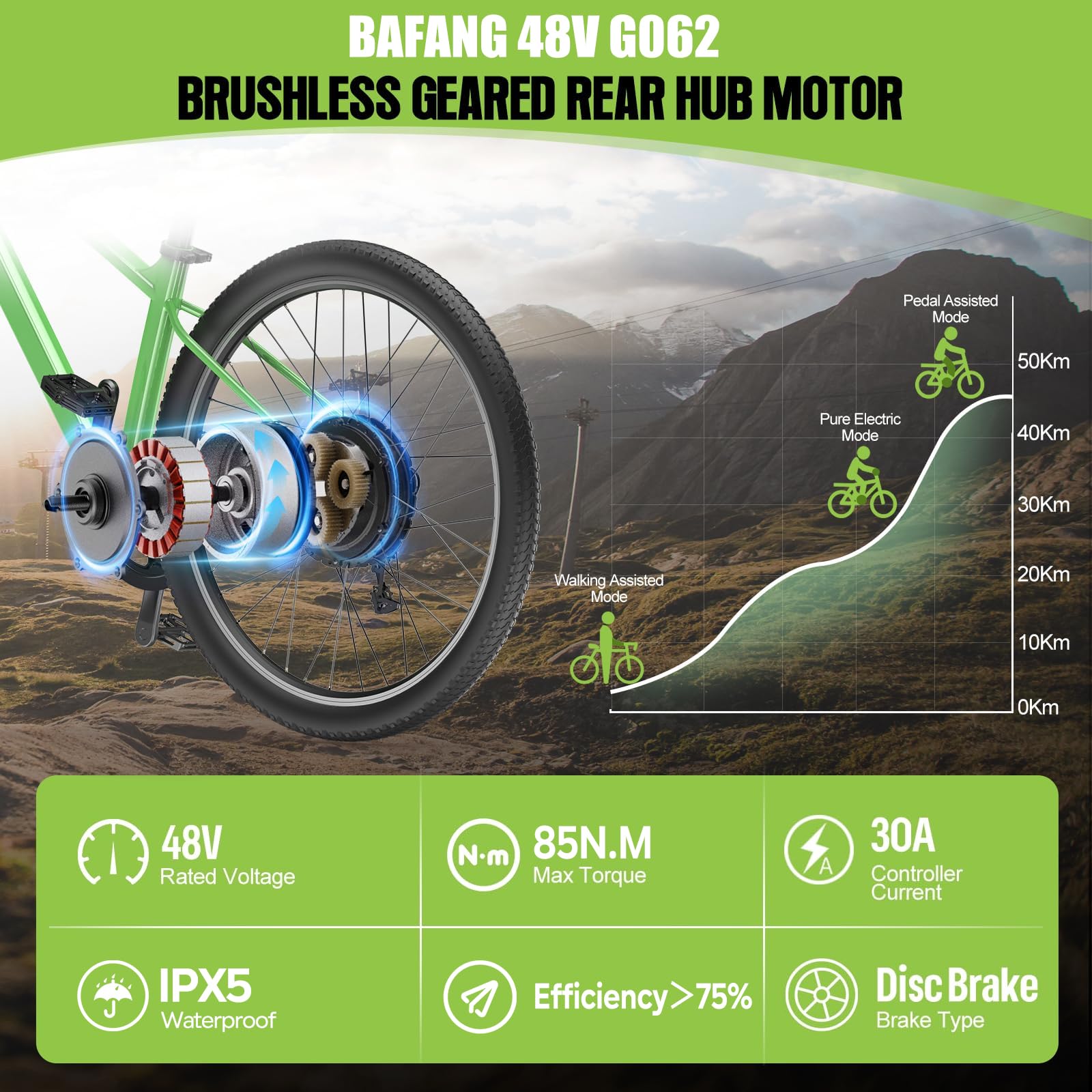 BAFANG G062 48V 1000W Hinterradmotor für 175 mm Tropfen, 20" 26" Fat Tire Elektro-Rad-Umsetzungs-Kit mit Akku (optional) und LCD-Anzeige (optional), Hinterrad hub Motor-Rad-Kit mit PAS-Sensor