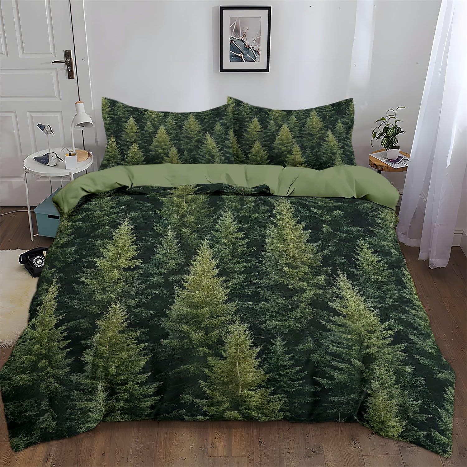 3-częściowy komplet pościeli 140 x 200 cm, dla roślin, dżungli, sosny, 100% mikrofibry, miękka, dla dzieci, chłopców i dorosłych, zestaw pościeli z 2 poszewkami na poduszki, kolor zielony