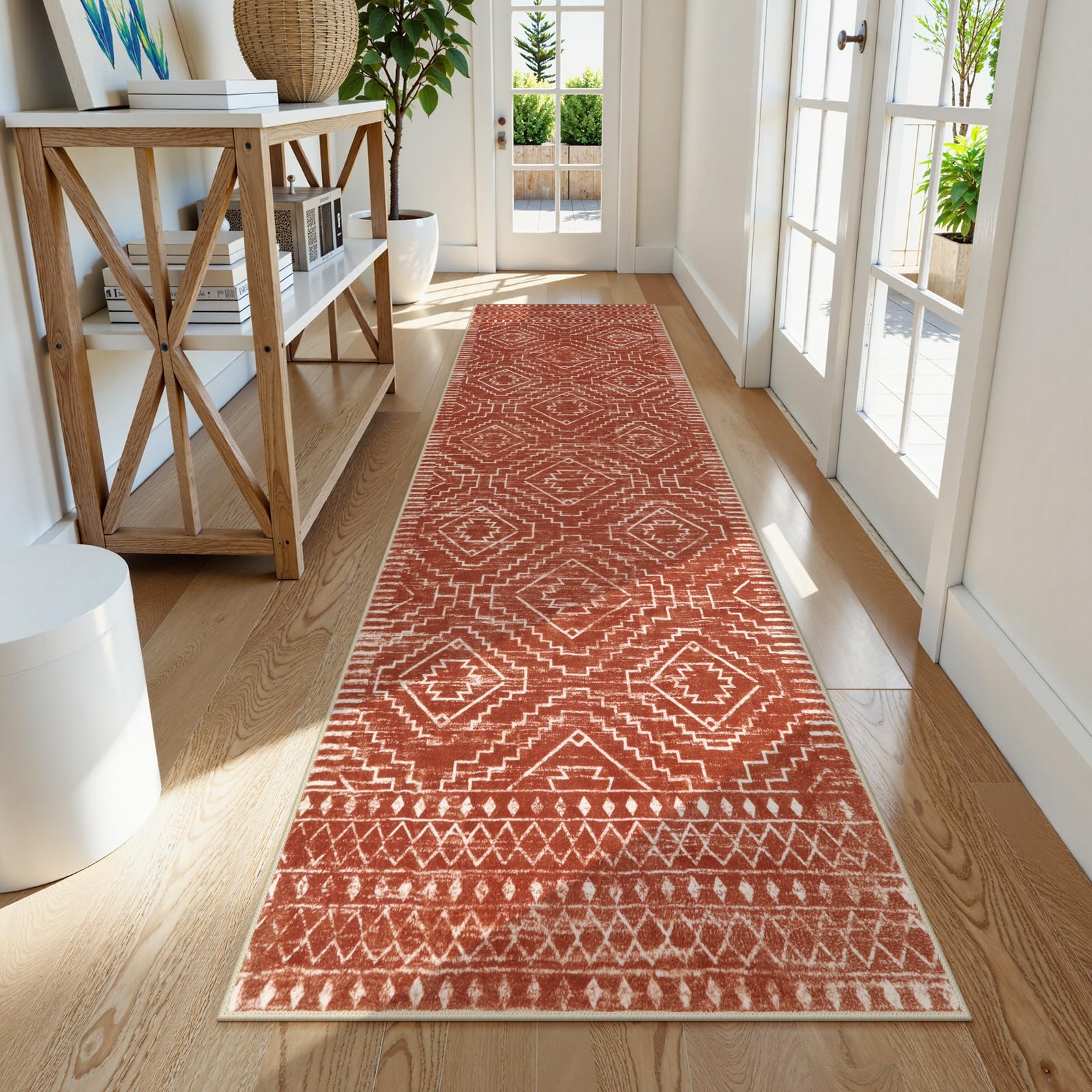 Wonnitar Moroccan 2'6"x8' Hallway Runner Rug, Washable Long Farmhouse Laundry Room Rug Runner, Non-Skid Boho Tribal Geometric Floor Carpet Runners for