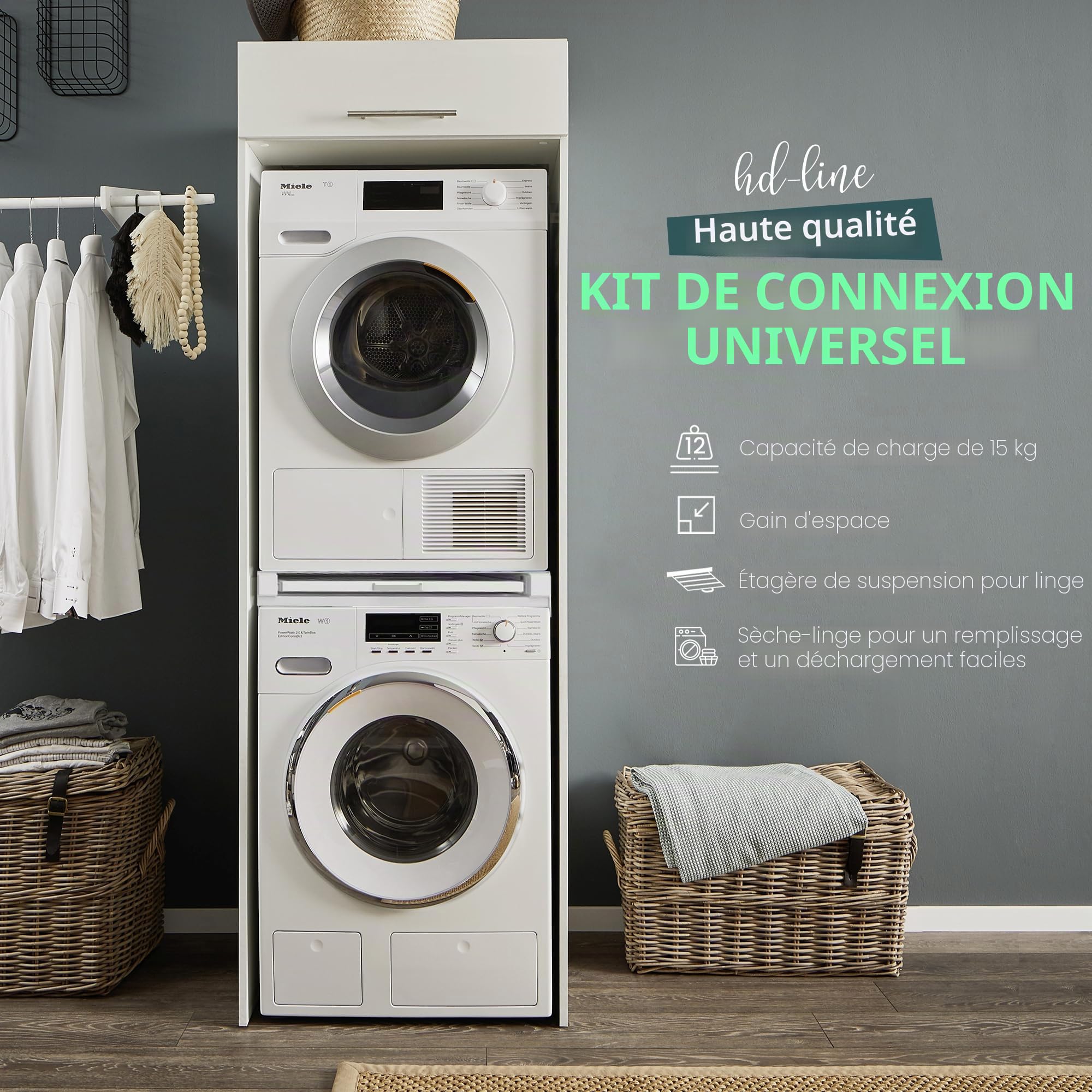 Hd-Line Cadre intermédiaire universel – Système de suspension – Pour machine à laver et sèche-linge, avec compartiment extractible, amortissant les vibrations et anti-basculement Dimensions, 15kg