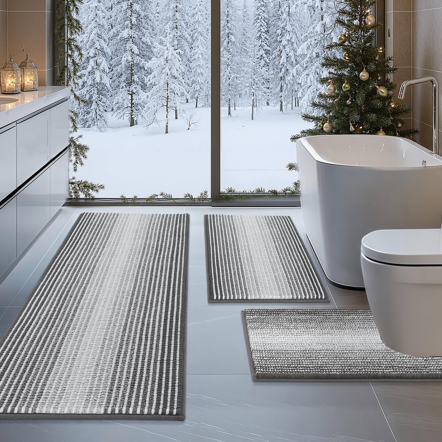 BSICPRO Bathroom Rugs Sets 3 Piece, Toilet Rugs U-Shaped Contour Bath Mat Set, Large Striped Non Slip Absorbent Chenille Shower Mat, Gray