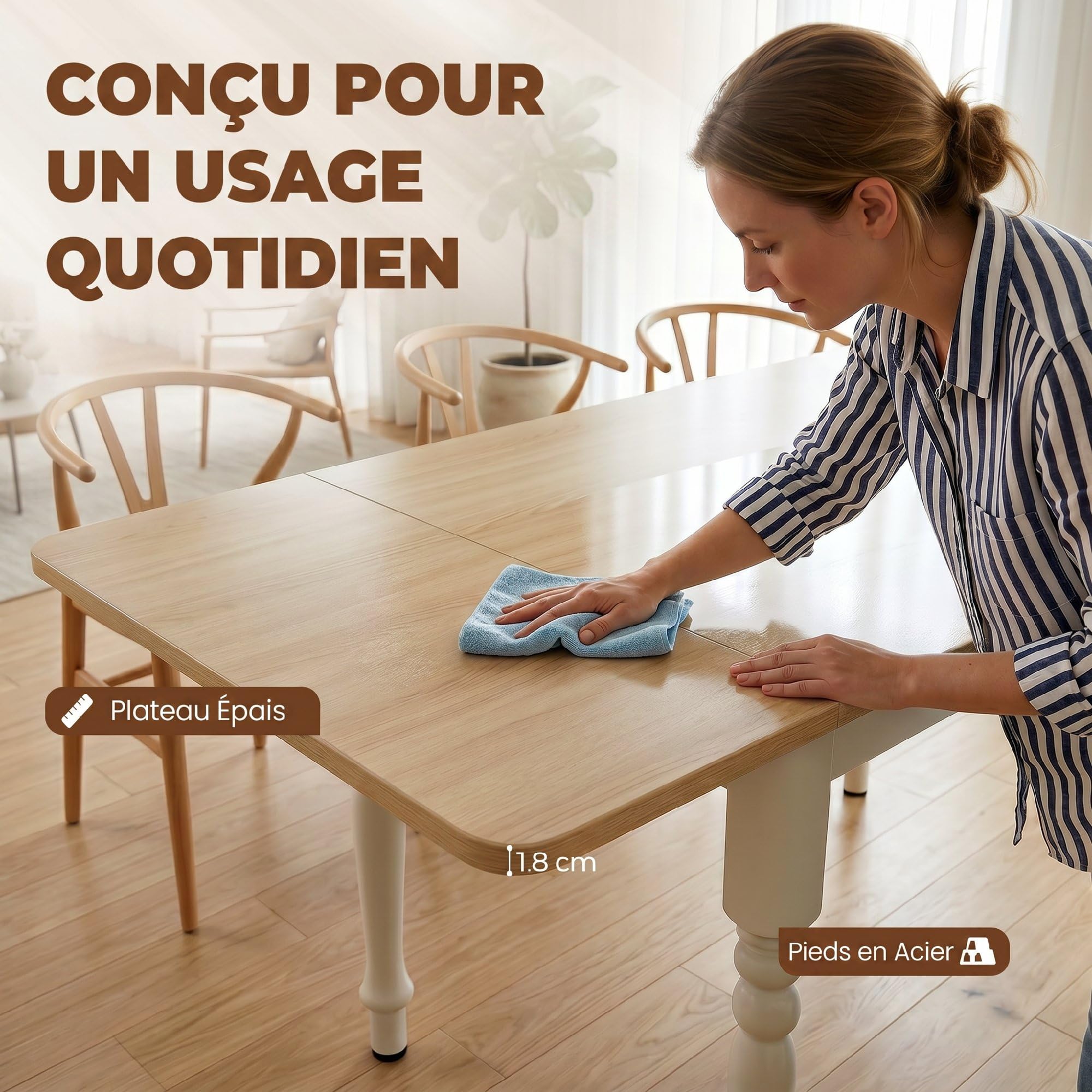 HOMCOM Table à Manger Pliante pour 2 à 6 per. 74-134 cm, Acier, Naturel