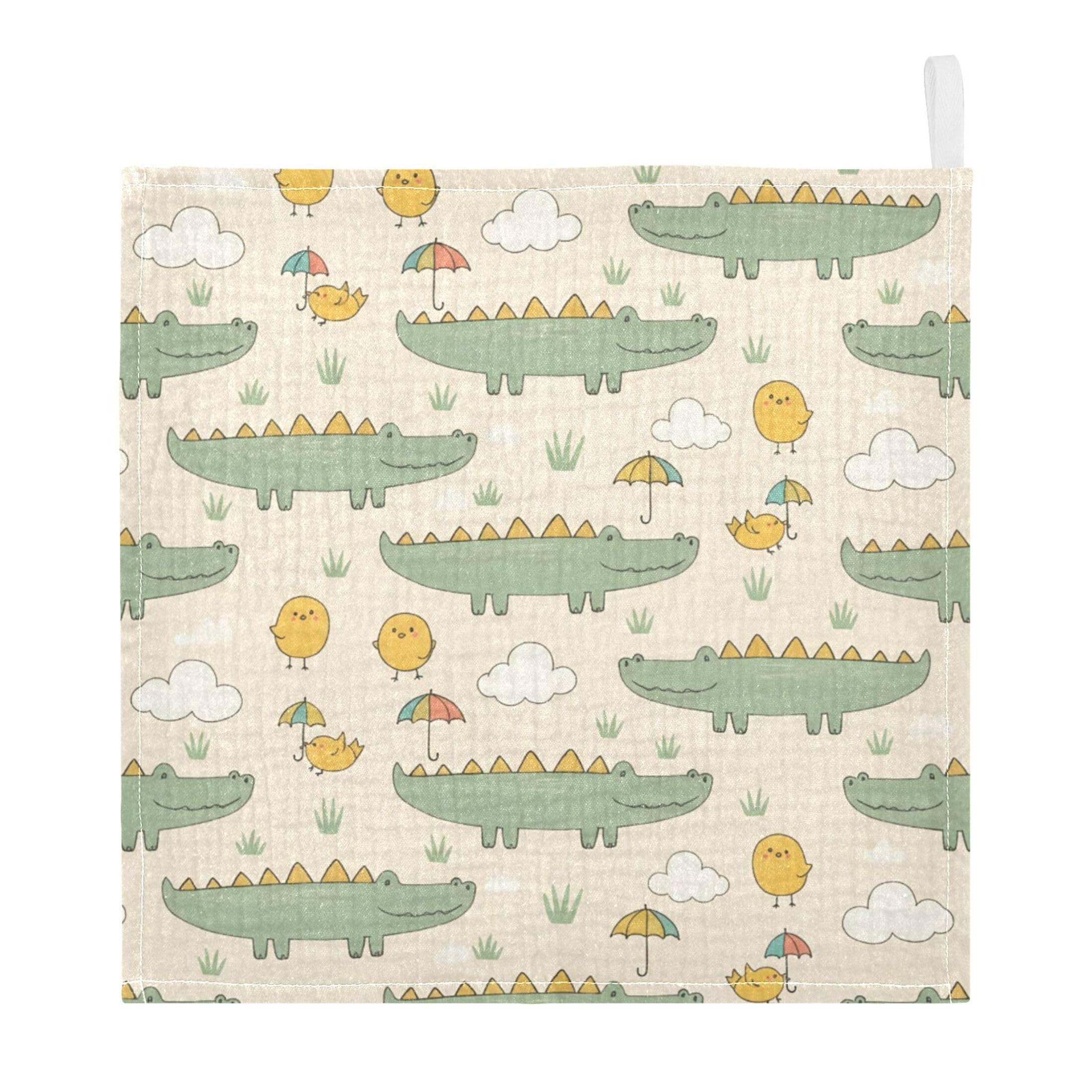 Fuauuyl Crocodile Baby Muslin Washcloths Cotton Absorbent Soft Burp Cloths for Newborns Infants Toddlers, Reusable Face Towels for Sensitive Skin, 3 Pack, 12x12 in