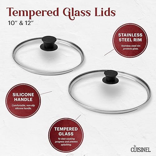 Miniatura 4 de Cuisinel Juego de sartenes de hierro fundido, sartén de 10 pulgadas + 12 pulgadas + tapas de vidrio + 2 agarres para cubierta de mango, utensilios