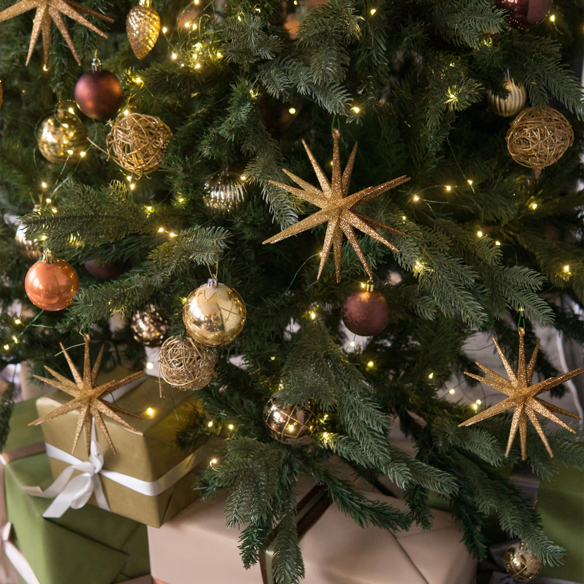 KI Store Adornos colgantes 3D de estrella de 15,2 cm, juego de 4 adornos de árbol de Navidad grandes con purpurina (oro champán)