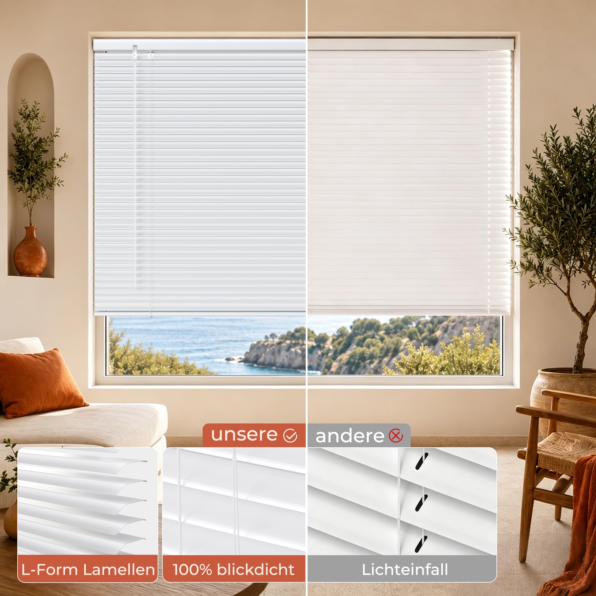 HOMEDEMO Alu Jalousien Fenster ohne Bohren L-Lamellen, 150x175cm, weiß | Aluminium Jalousien für Fenster Innen,Lichtschutz Blendschutz Sonnenschutz, Klemmfix Halterung, Fenster Jalousien Innen