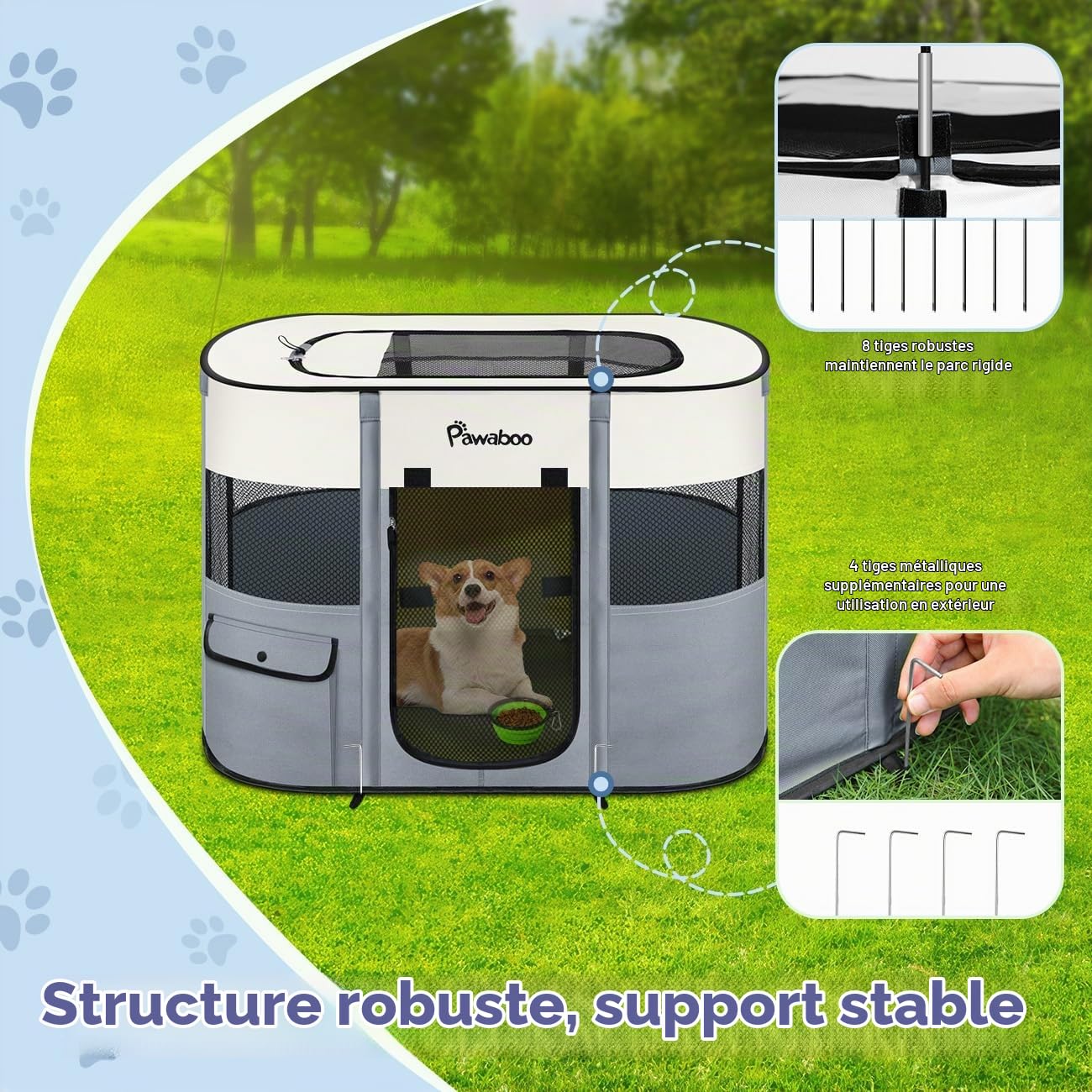 Pawaboo Parc Portable pour Chien en Tissu Oxford 600D, Gris | Parc pliable avec fenêtres en maille, portes enroulables, sac de transport et gamelle pliable, 89 × 71 × 61 cm(L)