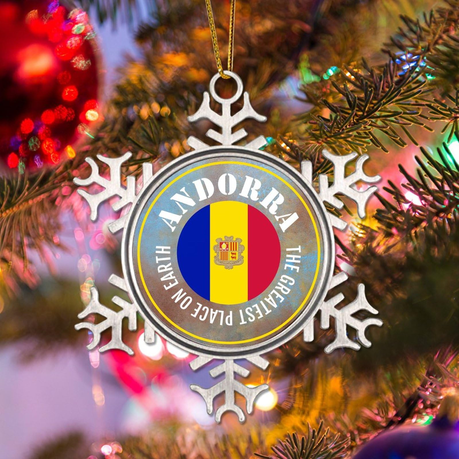 PODbyyou Travel Souvenir Ornaments for Christmas Tree Andorra The Greatest Place on Earth Christmas Decorations Gift Andorra Flag Christmas Stocking Filling Metal Ornament New Year Gift