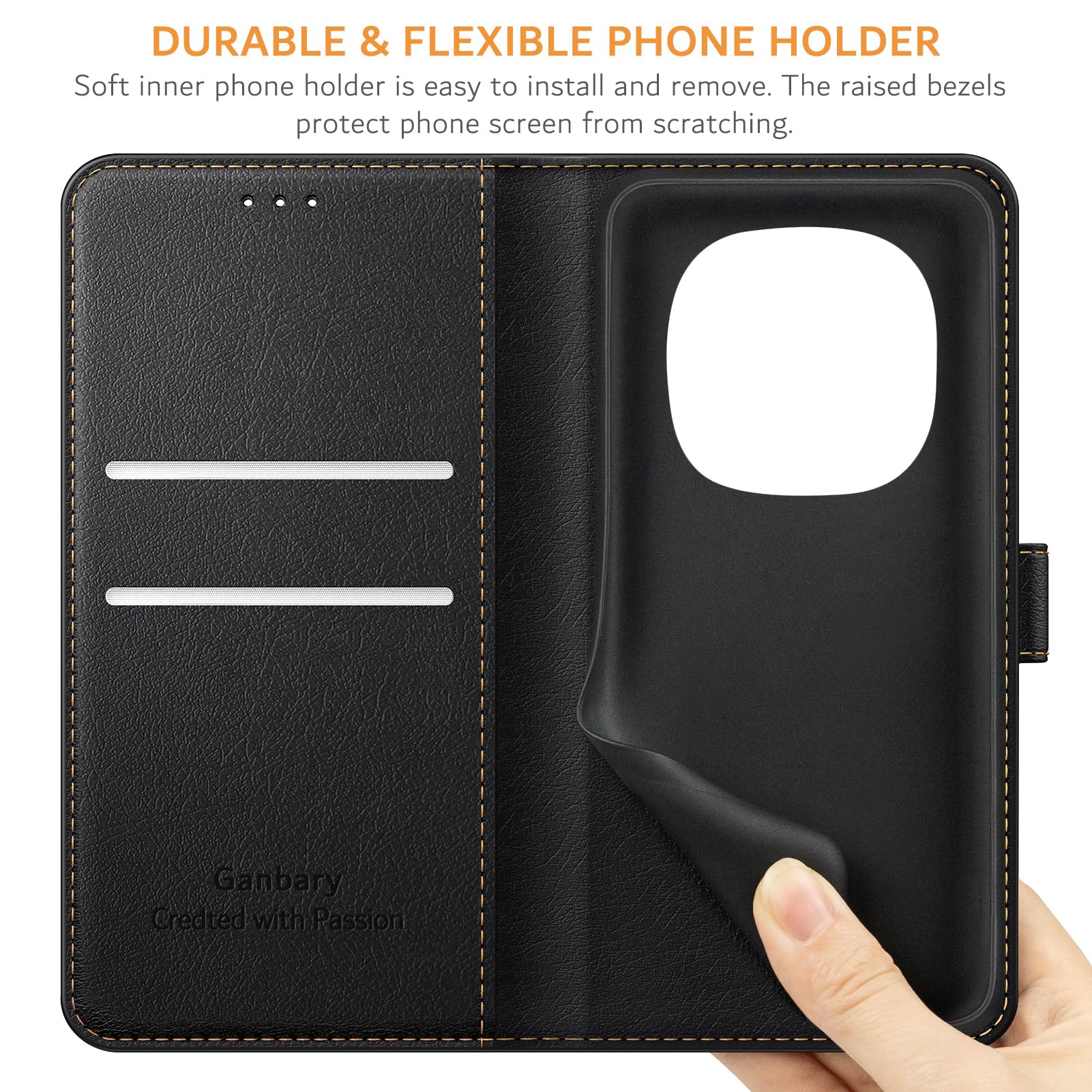 Ganbary Etui kompatybilne z Xiaomi Redmi Note 14 Pro 5G (nie dla 4G), wysokiej jakości etui z klapką ze skóry PU [pełna ochrona] [przegródki na karty] [podpórka], czarne