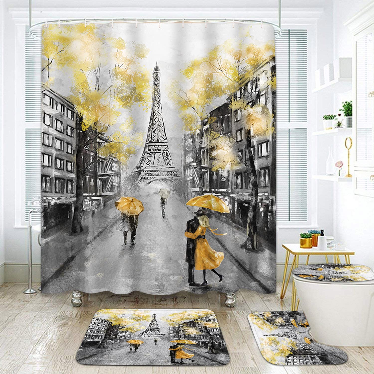 ArtSocket Oil Painting Paris European City Bathroom Set with Shower Curtain and Rugs Accessories, Landscape Yellow Modern Black Shower Curtain Set, Vintage Shower Curtain for Bathroom Decor 4 Pcs