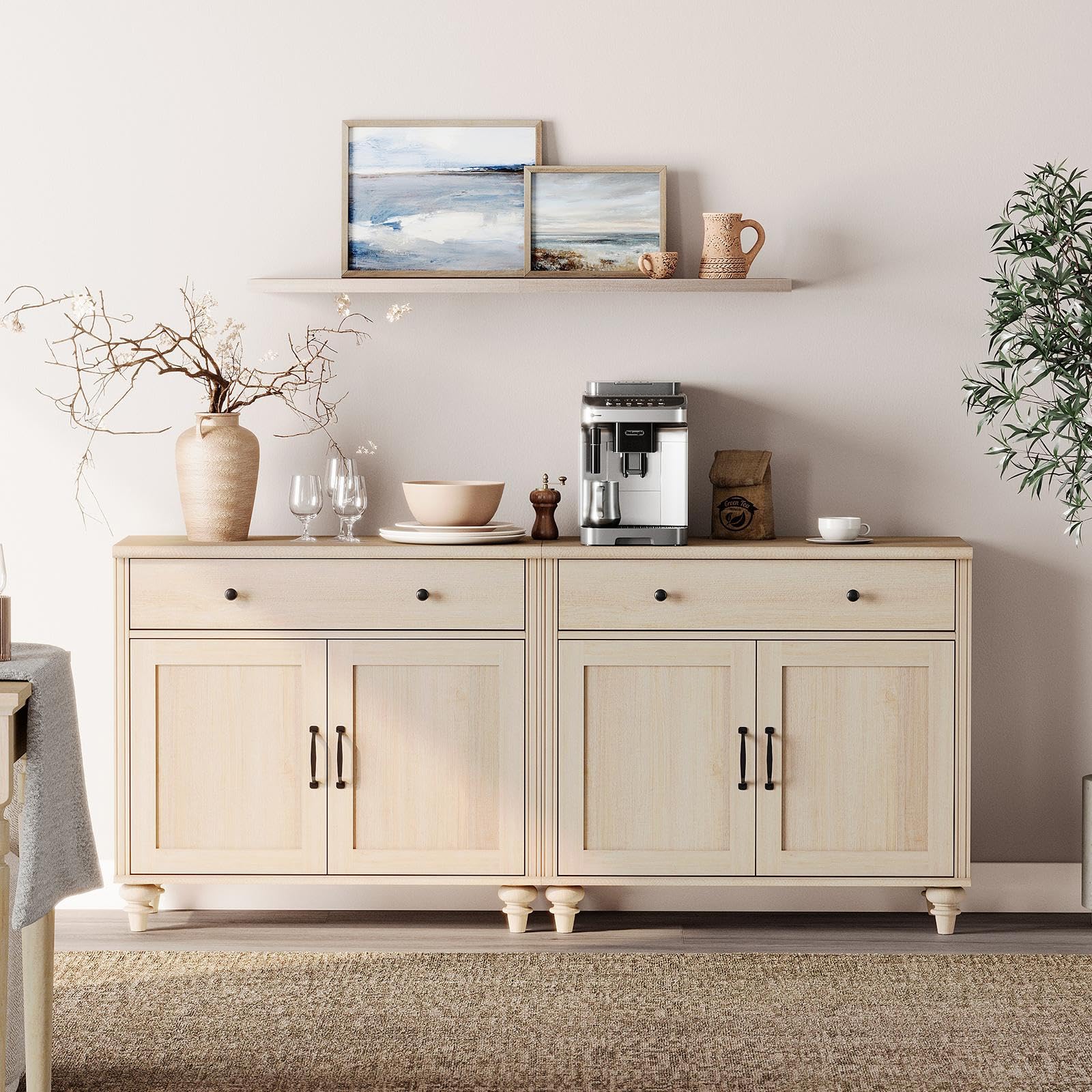 WAMPAT Buffet Cabinet with 4 Doors and 2 Drawers, Large Coffee Bar Table Wood Kitchen Storage Cabinets with Storage Cabinets, Modern Farmhouse Sideboard Credenza for Dining Room, Beige, 68 inch