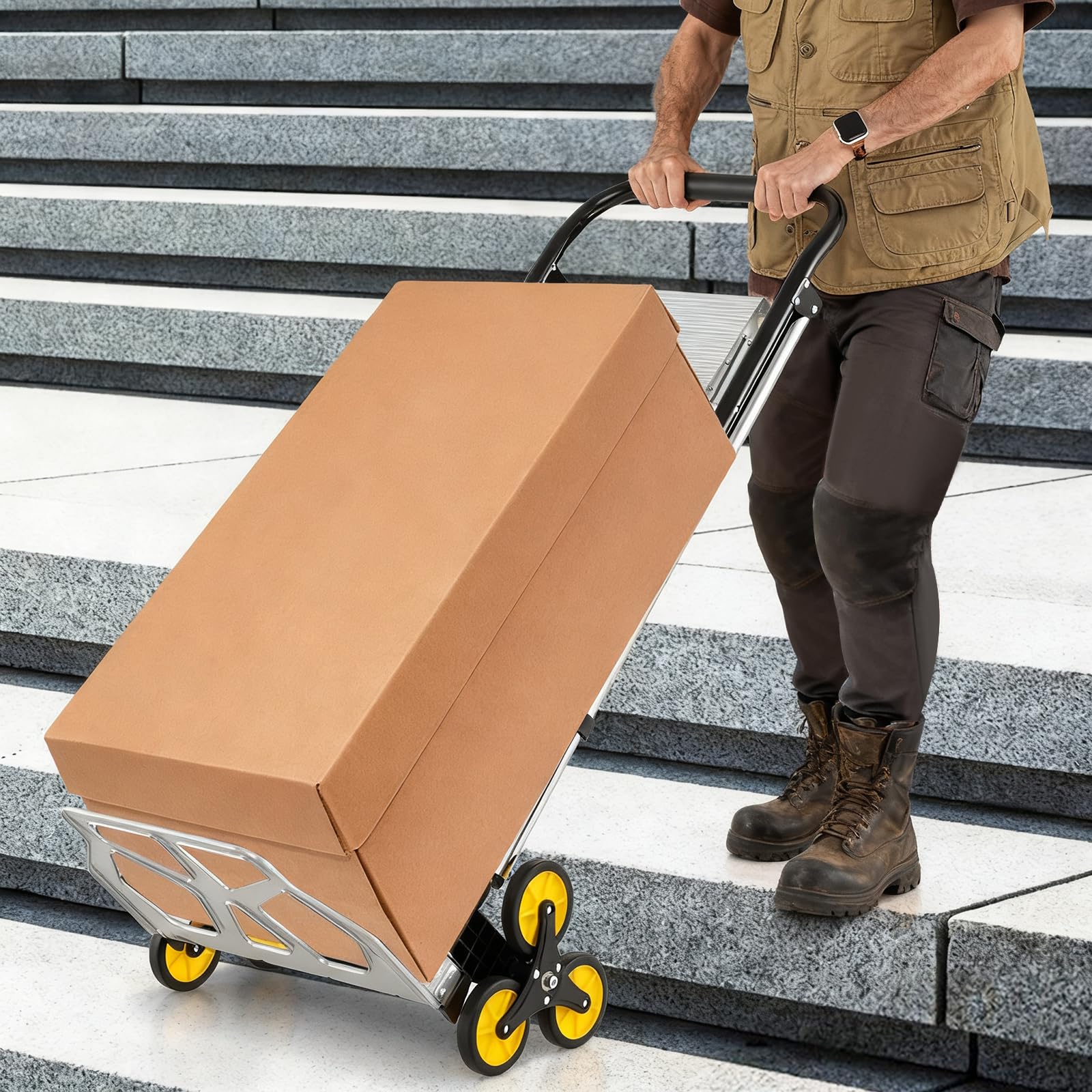 COSTWAY Wózek transportowy 2 w 1 z drabinką, składany wózek transportowy z gumowymi kółkami, maks. 100 kg, 3-stopniowa drabina maks. 250 kg, aluminiowy wózek składany do domu, magazynu, biura