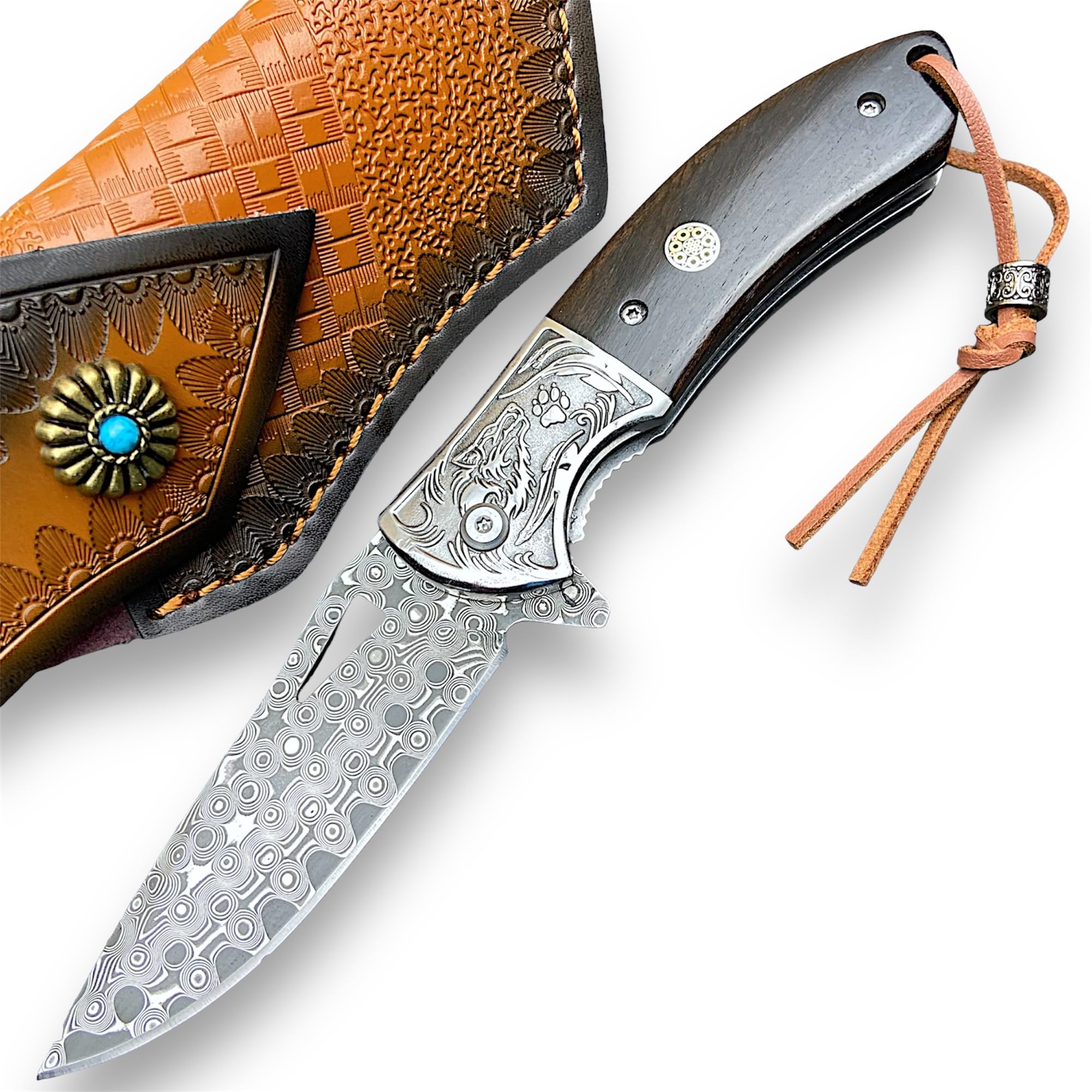 TACTICAL GEARZ EDC Damascus Pocket Folding Knife, Ebony Wood Handle, Damascus Steel Blade! (Kapena XT)