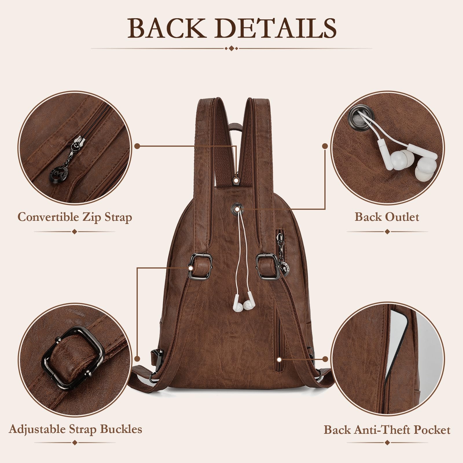 Mochila pequeña para mujer, de piel sintética, convertible