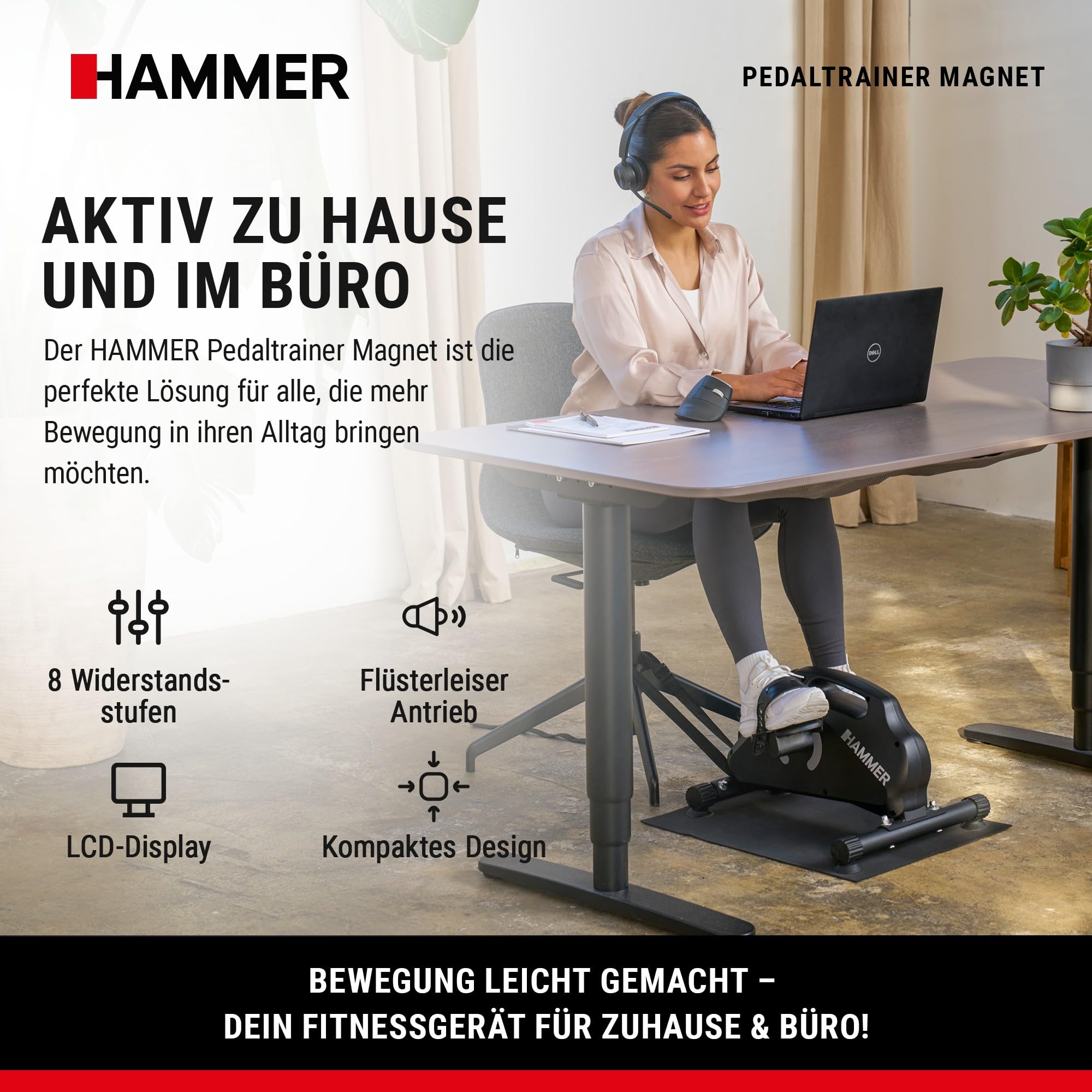 HAMMER Pedaltrainer für Zuhause Magnet - leiser Mini Heimtrainer mit Display, 8 Widerstandsstufen, inkl. Anti-Rutsch-Matte, Sicherheitsgurt, Beintrainer im Sitzen für Büro, Homeoffice und Senioren