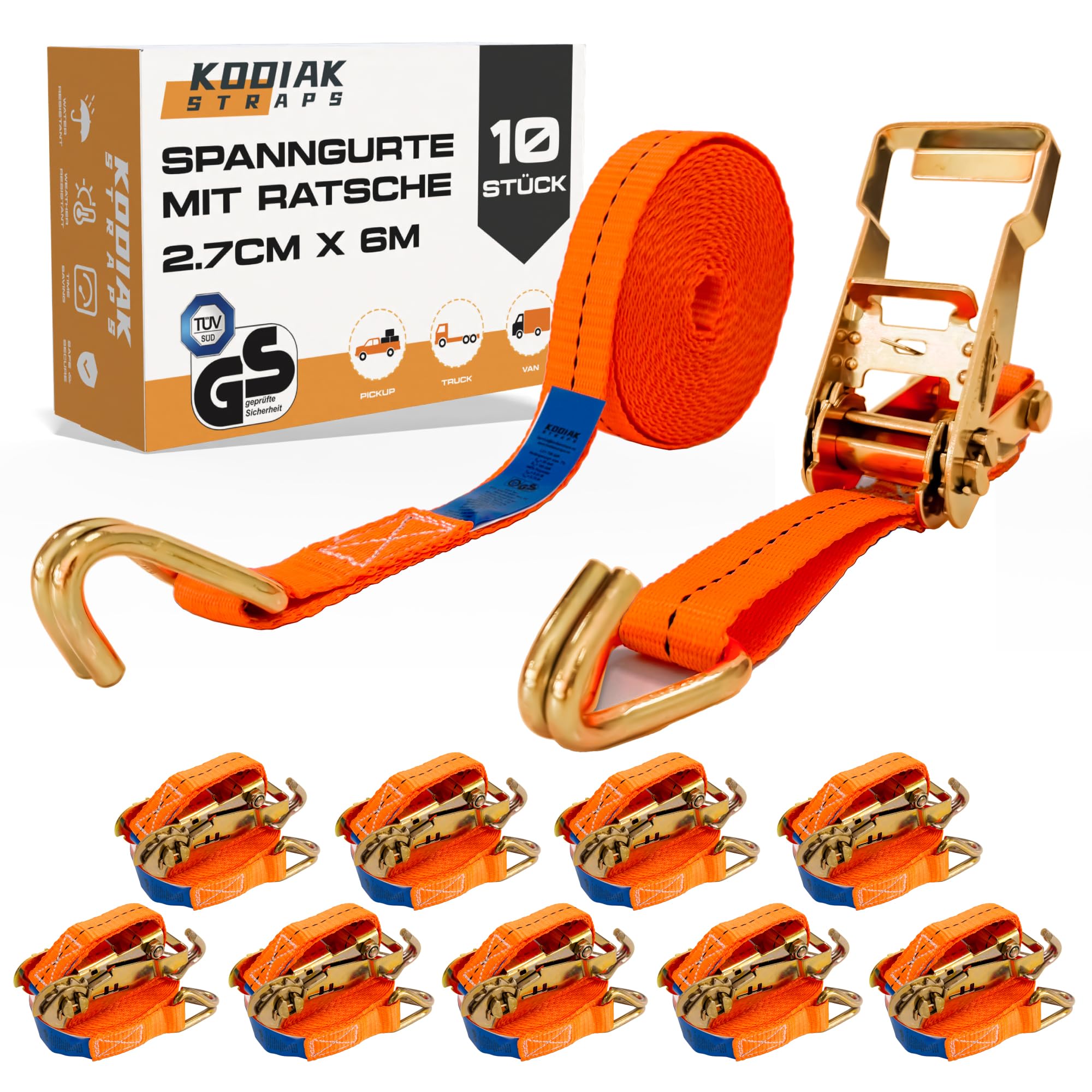 10 Correas Tensoras 6m x 1500inquete y Ganchos - Correas de 27mm - Correa de Trinquete Naranja para Sujeción de Carga - Certificado TÜV/GS según DIN EN 12195-2 - KODIAK STRAPS