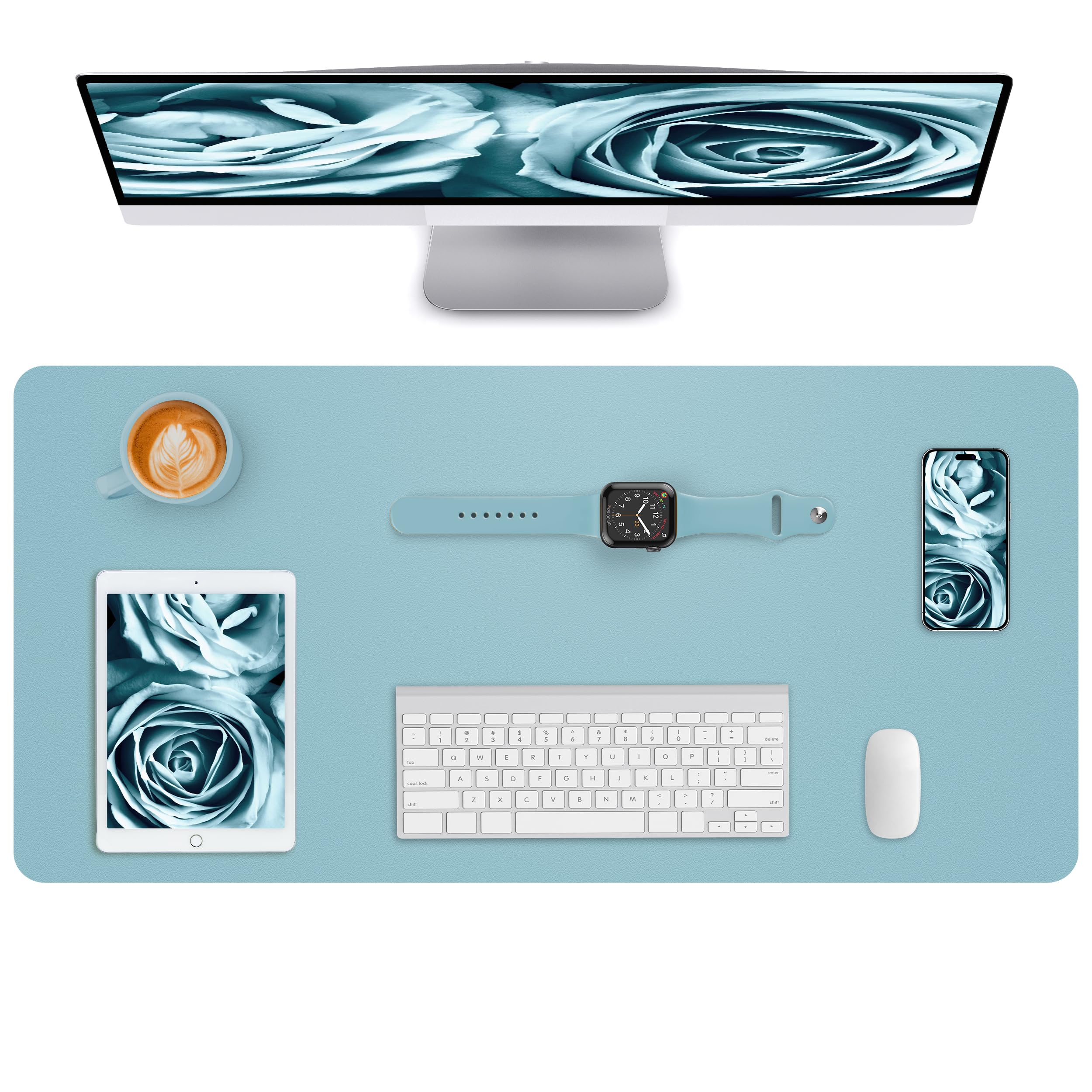 AFIING Leather Desk Mat, 90 x 43 cm, Waterproof Desk Pad Protector, Non-Slip PU Leather Large Mouse Mat, Soft Writing Surface for Office, Home & Study (Light Blue) — image 1