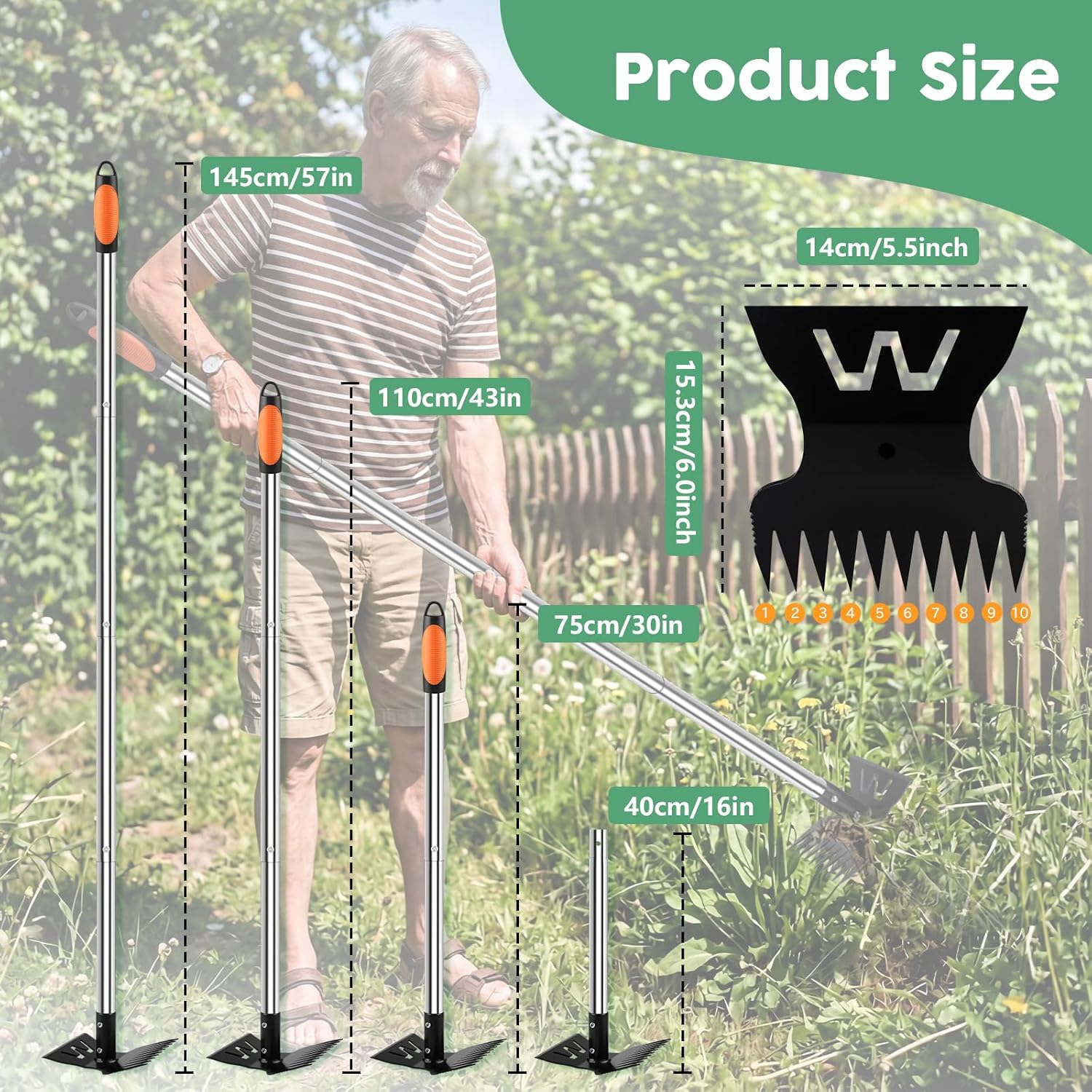 Larger Weed Puller Tool with Long Handle, Heavy Duty 10 Teeth Weed Rake & Hoe Garden Tool for Weeding, 57" Garden Hoe Weed Remover Tool with Detachable Handle, Manual Weeder for Garden Yard Lawn Patio