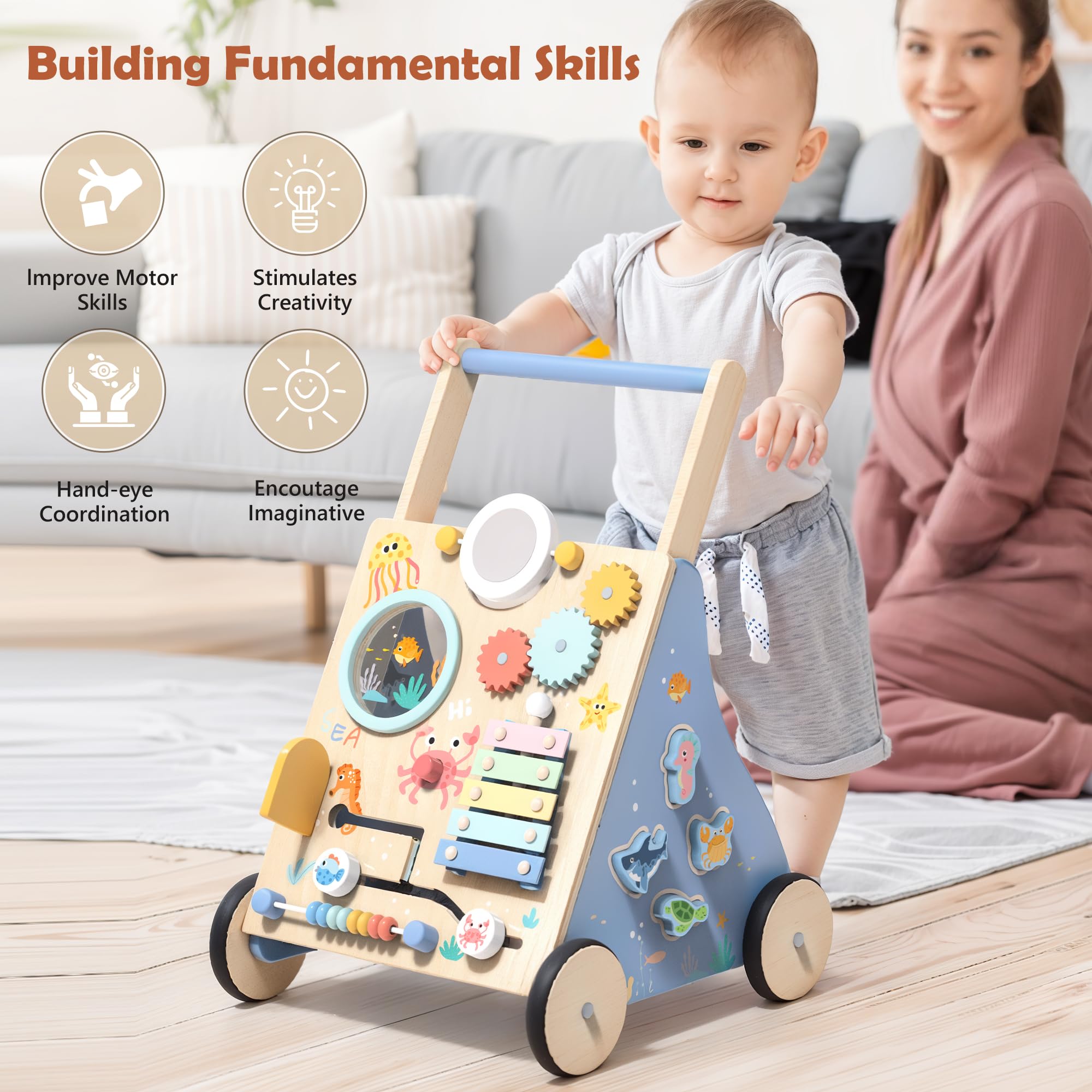 Lauflernwagen Holz, Ozean Baby Lauflernhilfe mit Multifunktional Montessori Spielzeug, Holzspielzeug mit Rädern und Stauraum, Baby Walker Geschenk für Jungen und Mädchen
