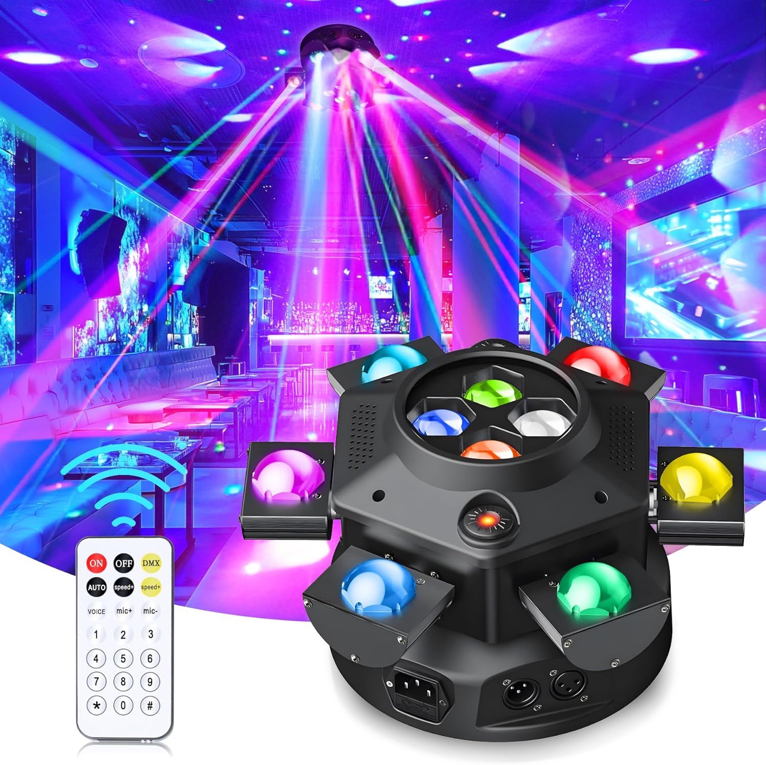 150W Moving Head DJ Lights, LED Stage Light with Remote Control, 4 in 1 with RGBW 6 Arms Party Lights Support DMX 512 & Sound Activated, Disco Light for Party Disco KTV Wedding DJ Bar & Club BSC-150W-YKWTD