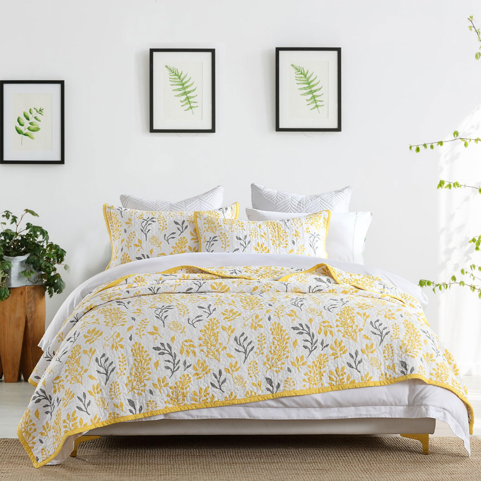LORRIARD Queen Size Quilt, 100% Cotton Floral Queen Bedspread Set,Yellow Farmhouse Queen Quilt Bedding Set, Reversible Lightweight Coverlet for All Season,3 Pieces