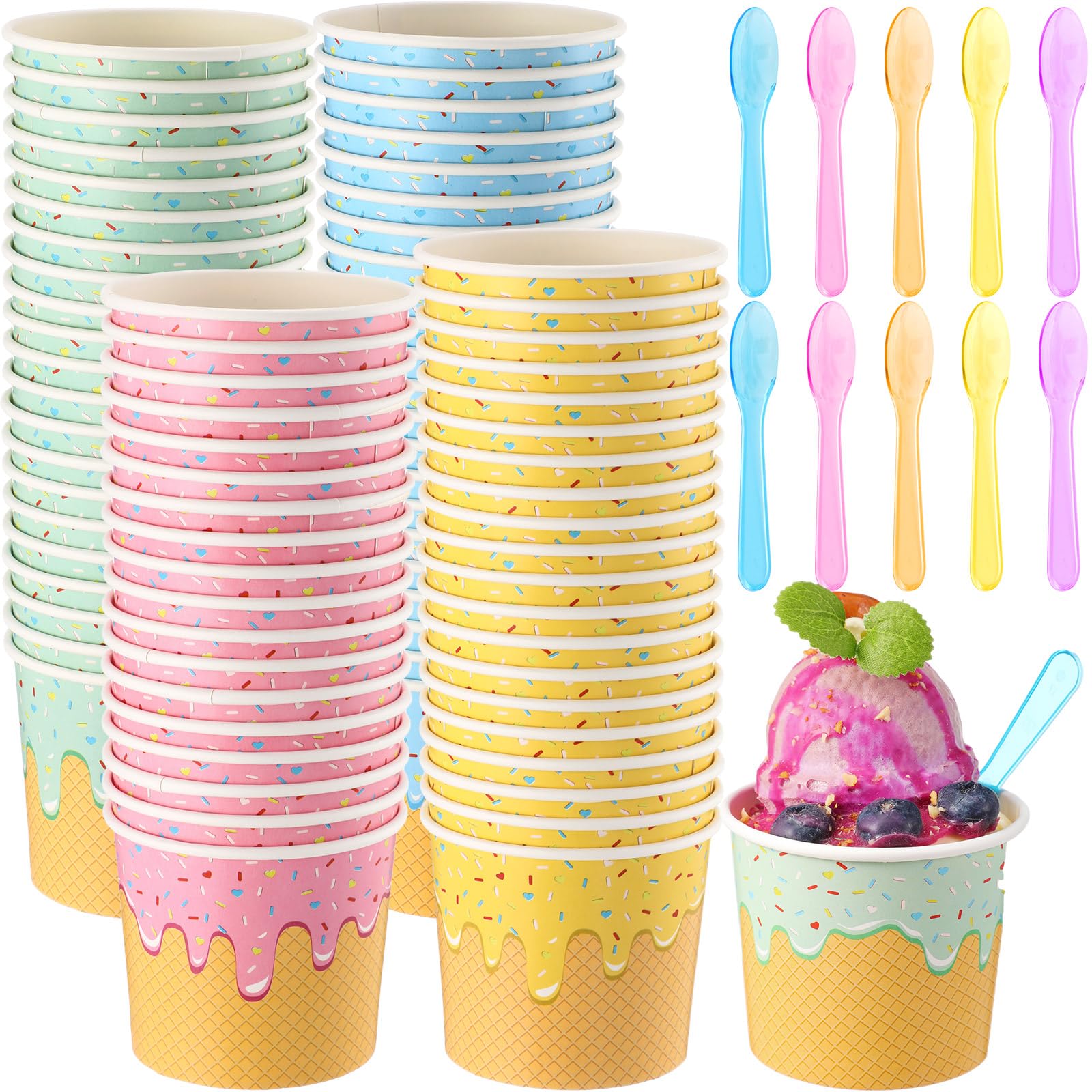 40 Pack 6 oz Ice Cream Cups with Spoons, Colorful Sundae Bowls | Ice Cream Bar Party Supplies, Disposable Paper Dessert Containers for Hot Soup Spring Summer Graduation