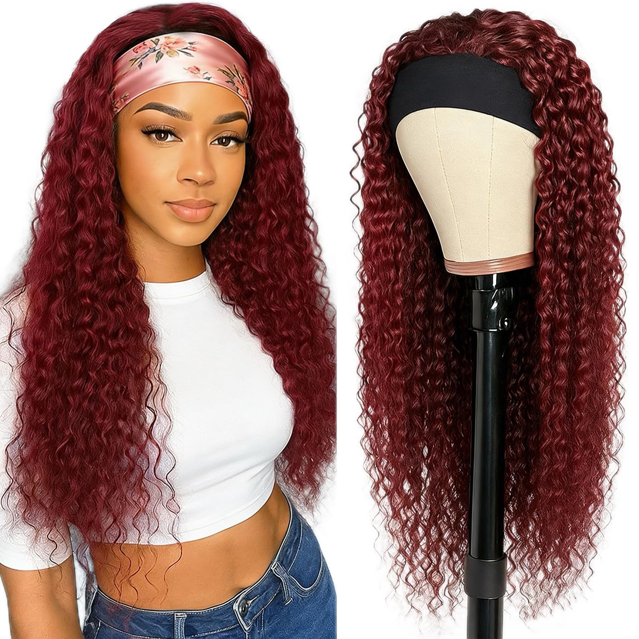 XSY Headband Wig Human Hair 18 Inch 99J Burgundy Deep Wave Headband Wig Red Colored Curly Headband Wigs for Black Women Glueless No Lace Front Wig