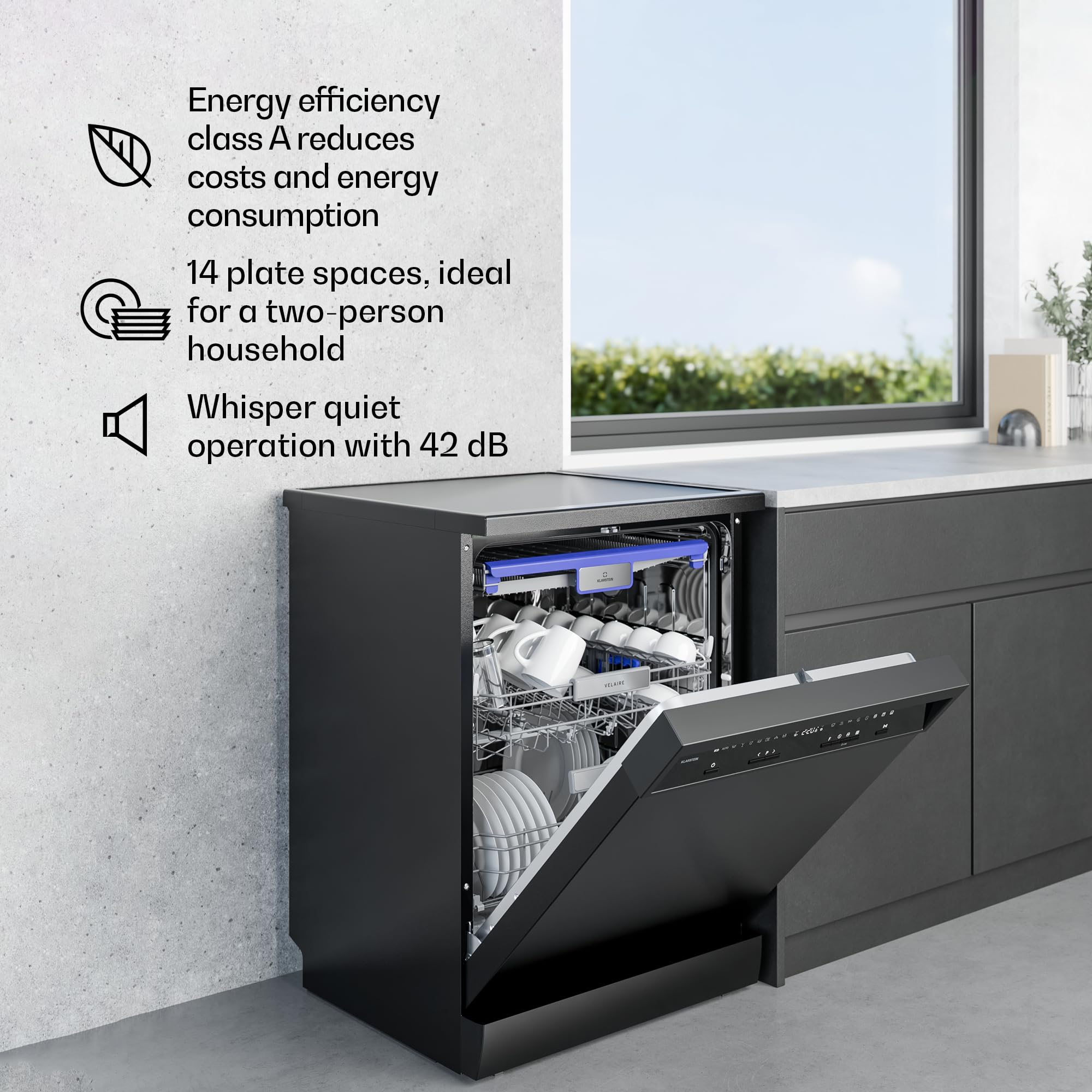 Klarstein Velaire zmywarka 60 cm – wolnostojąca, 14 miejsc, 9 programów, 42 dB, klasa energetyczna A, AquaStop, zabezpieczenie przed dziećmi, zmywarka 60 cm, stal nierdzewna