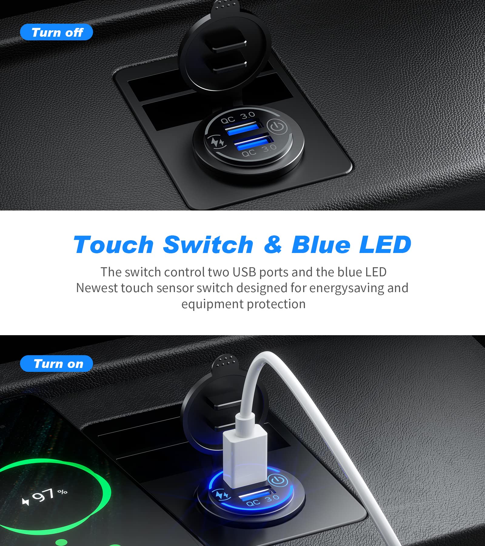 KEWIG Presa USB da 12 V a ricarica rapida 3.0 e doppia porta PD tipo C, presa accendisigari USB con interruttore on/off e voltmetro, impermeabile per auto, barca, camper, golf, P22-B