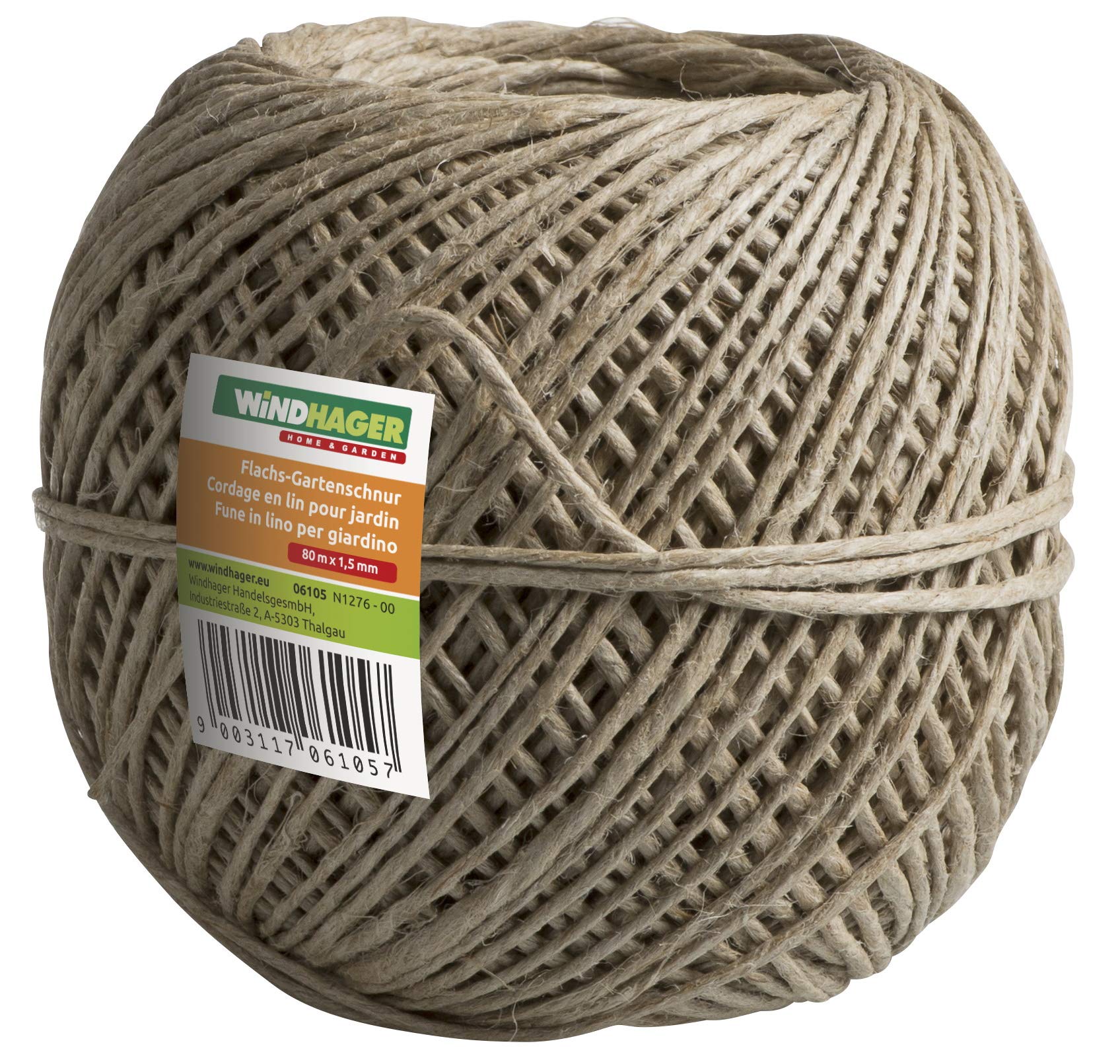 Windhager Cuerda de jardín de Lino, Cuerda de Yute, Cuerda de Yute, Cuerda Decorativa, Producto Natural Puro, 80 m x 1,5 mm, 06105