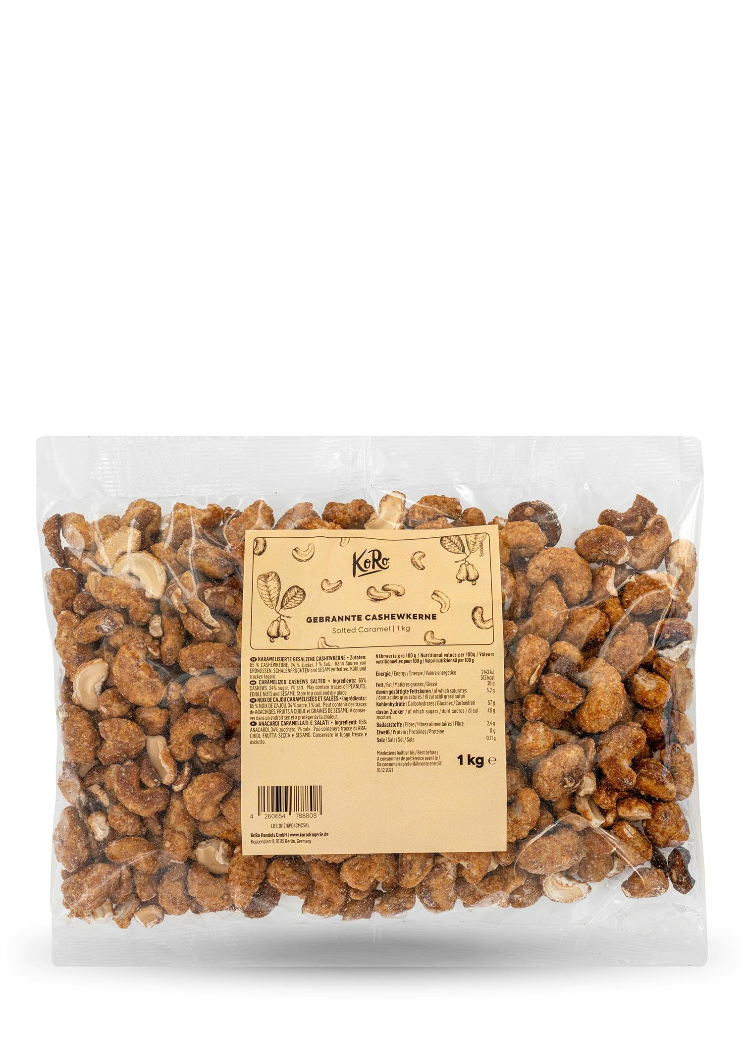 KoRo - Gebrannte Cashewkerne Salted Caramel 1 kg - Zarte ganze Cashews - Feiner Salz-Karamell Geschmack - Praktische Vorteilspackung