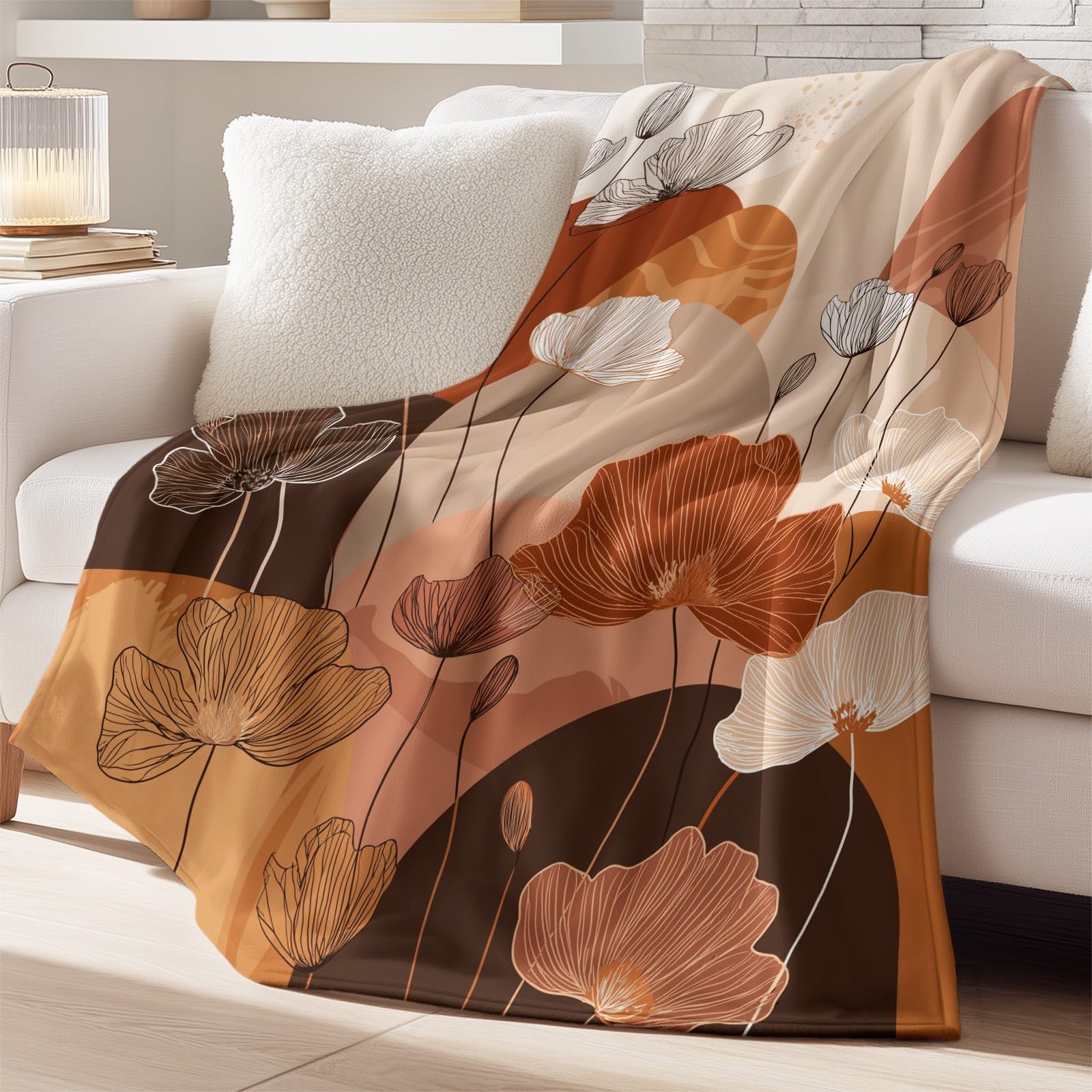 Koc polarowy z nadrukiem kwiatowym na kanapę 220 x 240 cm | Koc pluszowy i przytulny koc narzuta – dekoracyjny boho kwiat liść narzuty koce na sofy krzesła łóżka