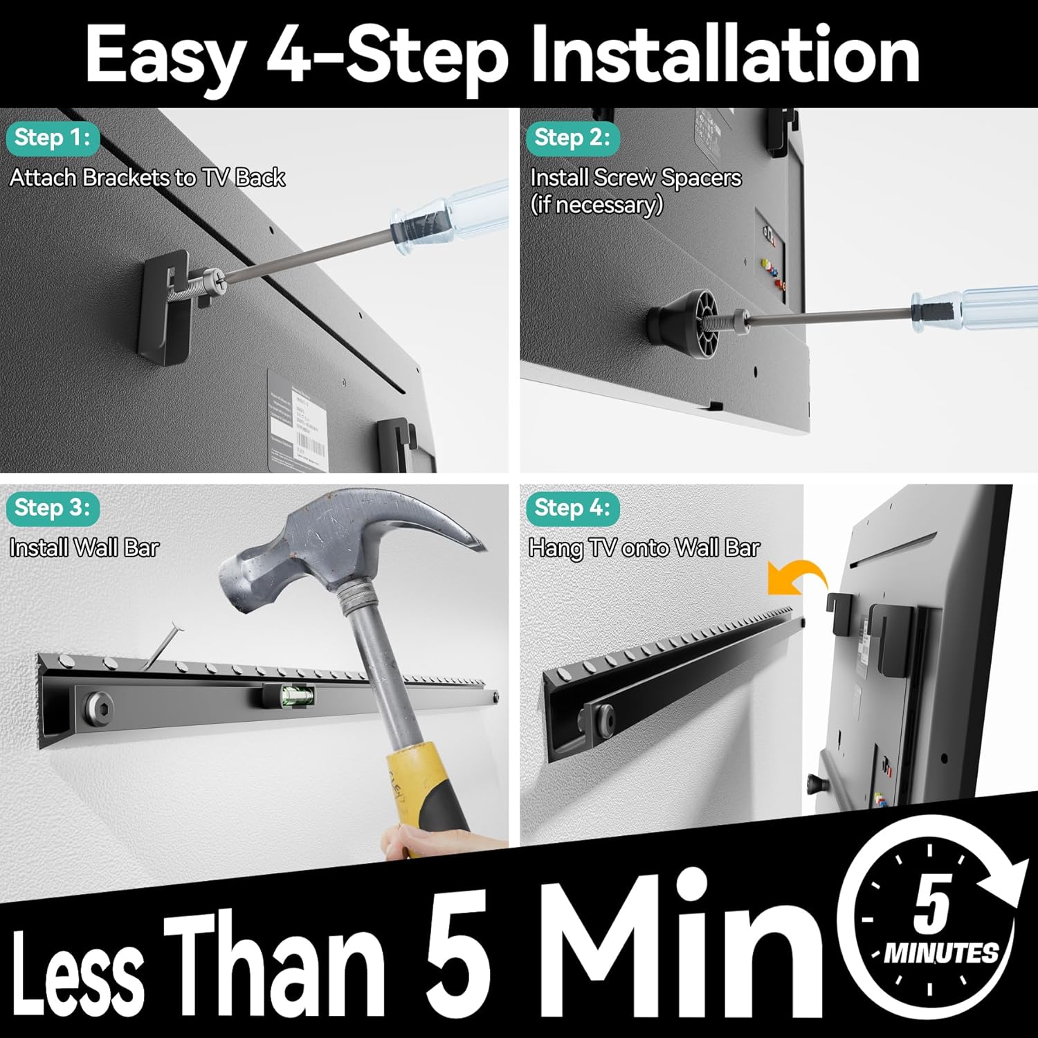Auoace No Stud TV Wall Mount, 32 to 75-inch Drywall TV Bracket, Tilts Up to 5°, Low Profile Studless TVs Mount, Easy Install, Include All Hardware, Fit Most 40" 50" 55" 60" 65" 75" Smart TVs