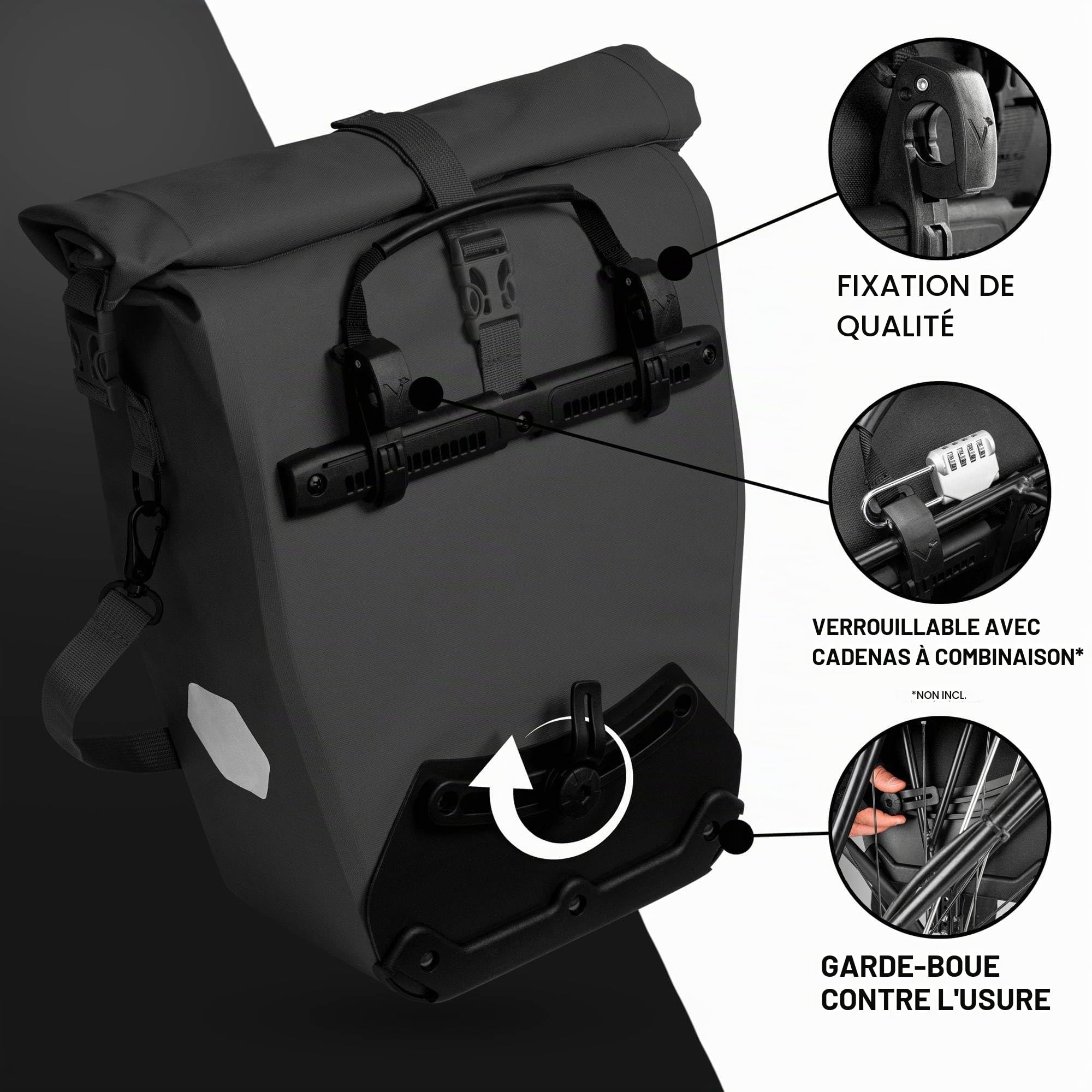 Valkental - Sacoche de vélo 2-en-1 en TPU écoresponsable - 100% étanche - Compartiments pratiques - Volume flexible 23-28L avec compartiment pour ordinateur portable - Sacoche pour porte-bagages noire