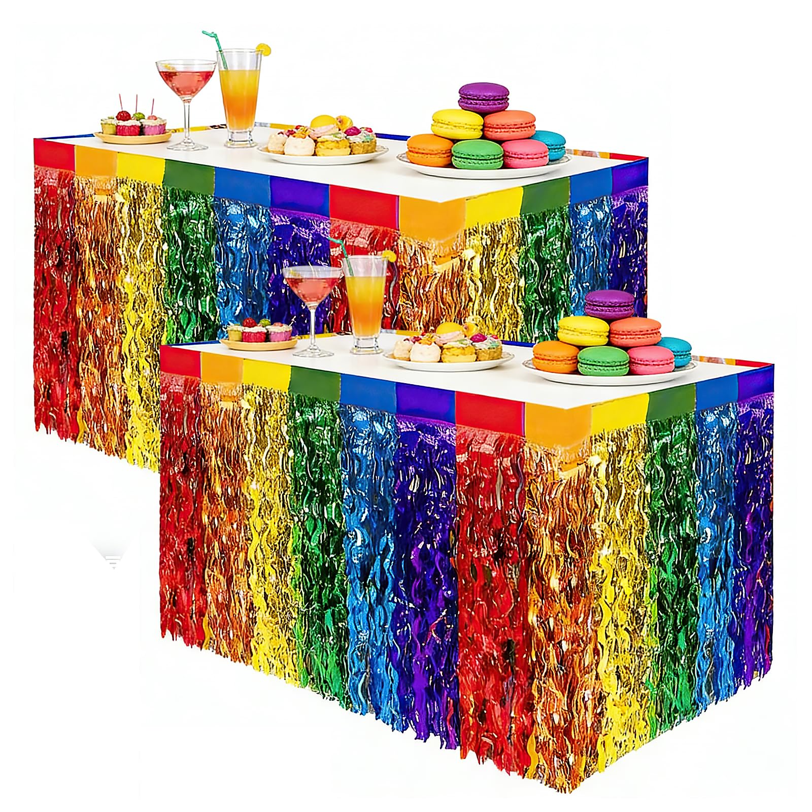 2 Pack Rainbow Metallic Foil Fringe Table Skirt, Rainbow Party Decorations, Colorful Wavy Tinsel Design Table Skirts Cover
