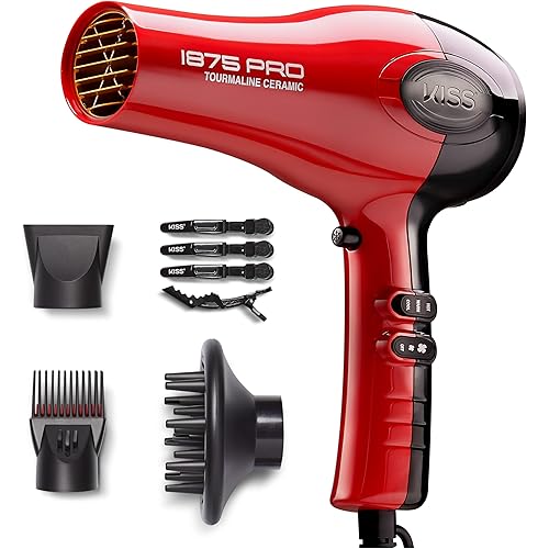 KISS 1875 Watt Pro Tourmaline Ceramic Hair Dryer, Styling Edition, 3 Heat Settings, 2 Speed Settings, Cool Shot Button, 7 Blow Dryer Accessories Included, 2-Year Warranty - Red