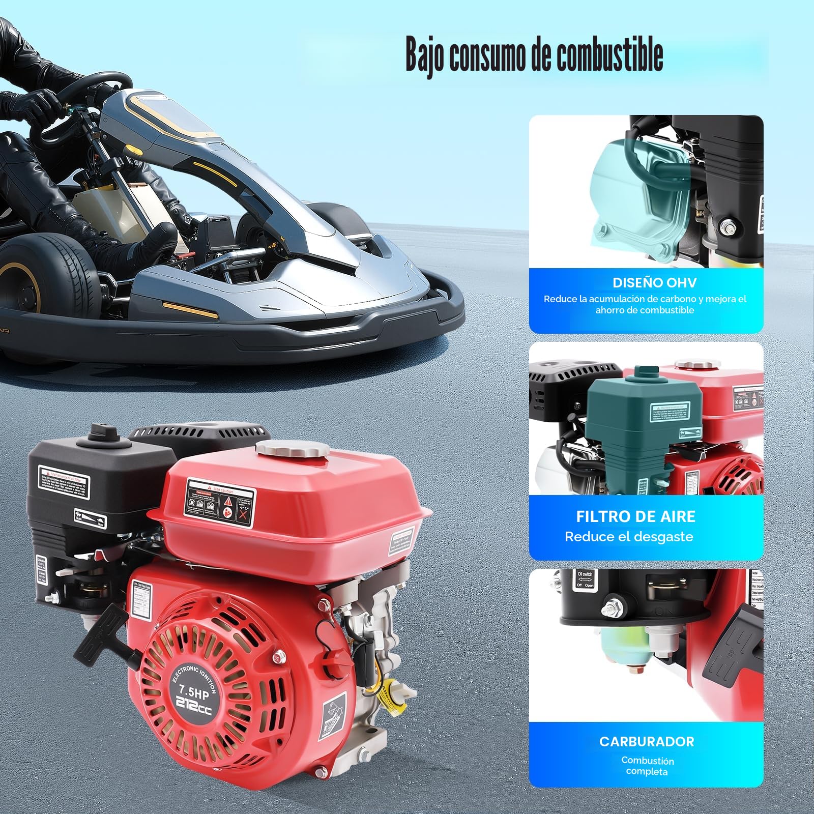 Motor de Gasolina 7.5CV 4 Tiempos OHV 212cc 4000W Monocilíndrico | Refrigerado por Aire 3600 RPM Torque 12N.m Arranque Manual con Alarma Aceite para Kart Maquinaria Agrícola Generador Bomba