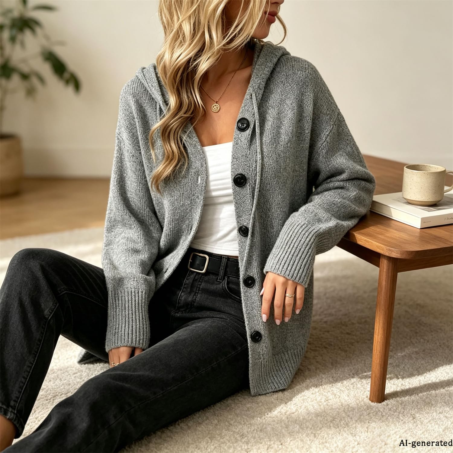 Cardigan Lungo da Donna con Cappuccio e Bottoni