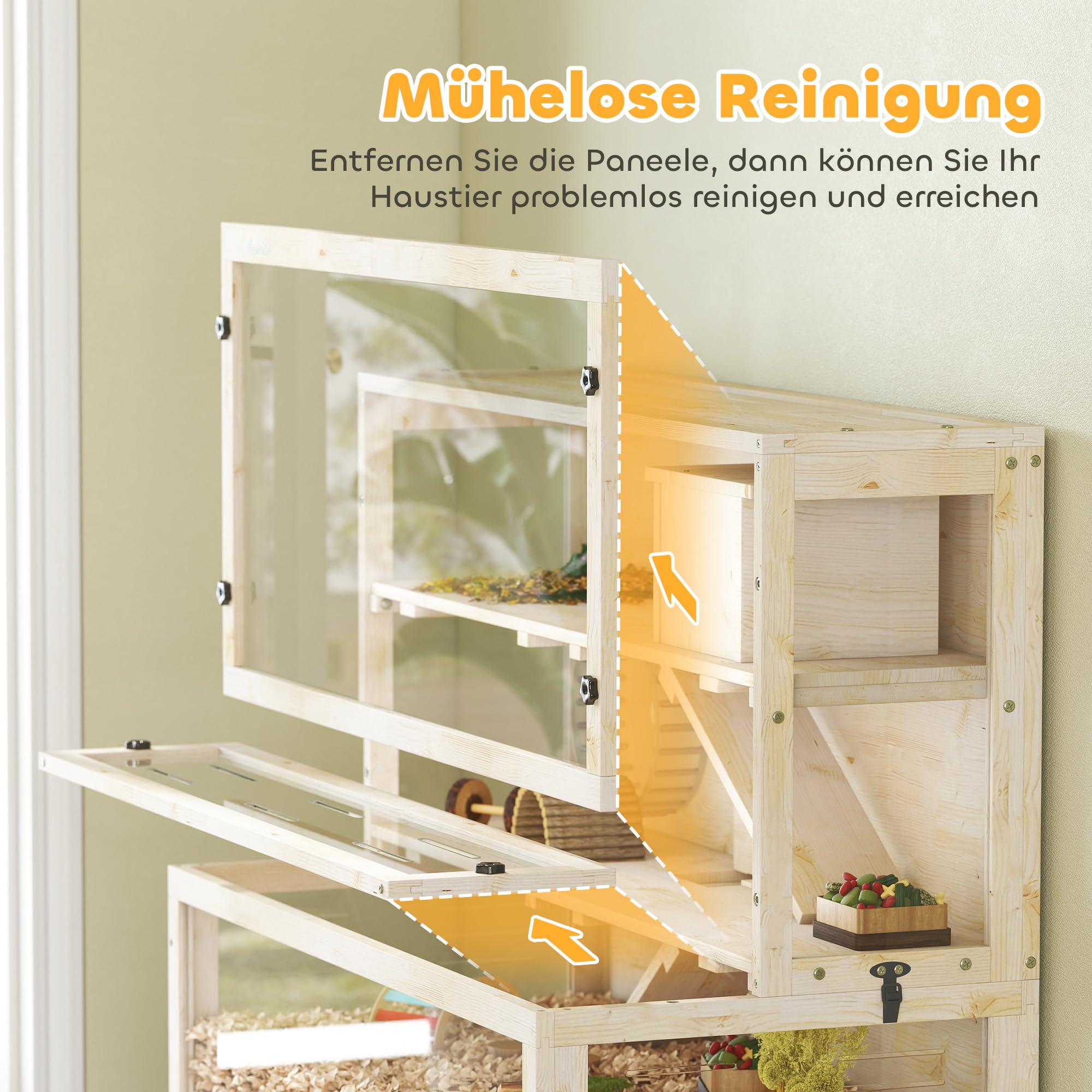 PawHut Hamsterkäfig aus Holz 100 x 50 x 84 cm Nagerkäfig 3 Etagen Kleintierkäfig mit Sichtfenster, Laufrad, Rampe, Häuschen, Mäusekäfig Käfig für Zwerghamster Naturholz