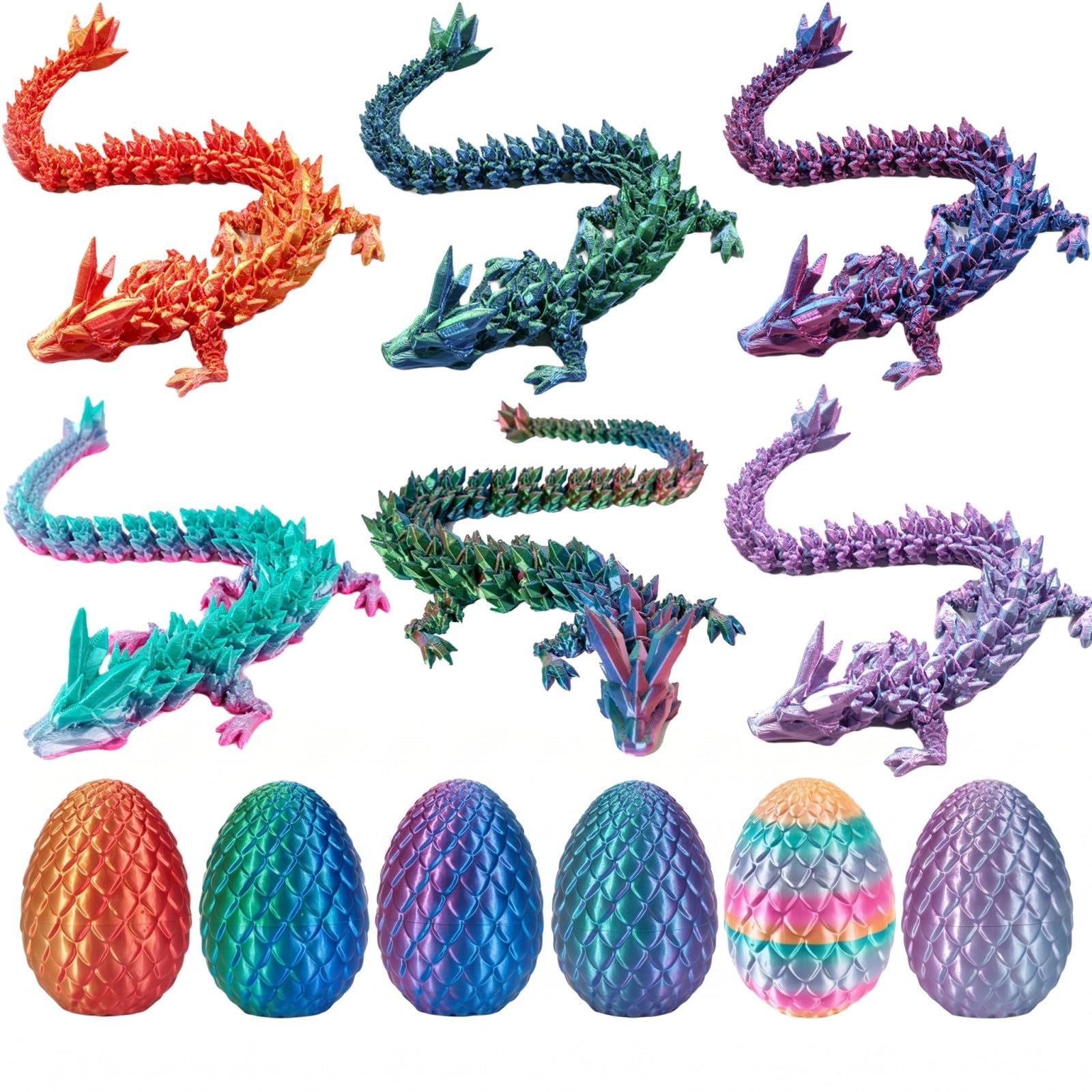 6PCS 3D Printed Dragon egg, Articulated Crystal Dragon Figurine, Mystery Fidget Toy, Easter for Collectors Adults Teens