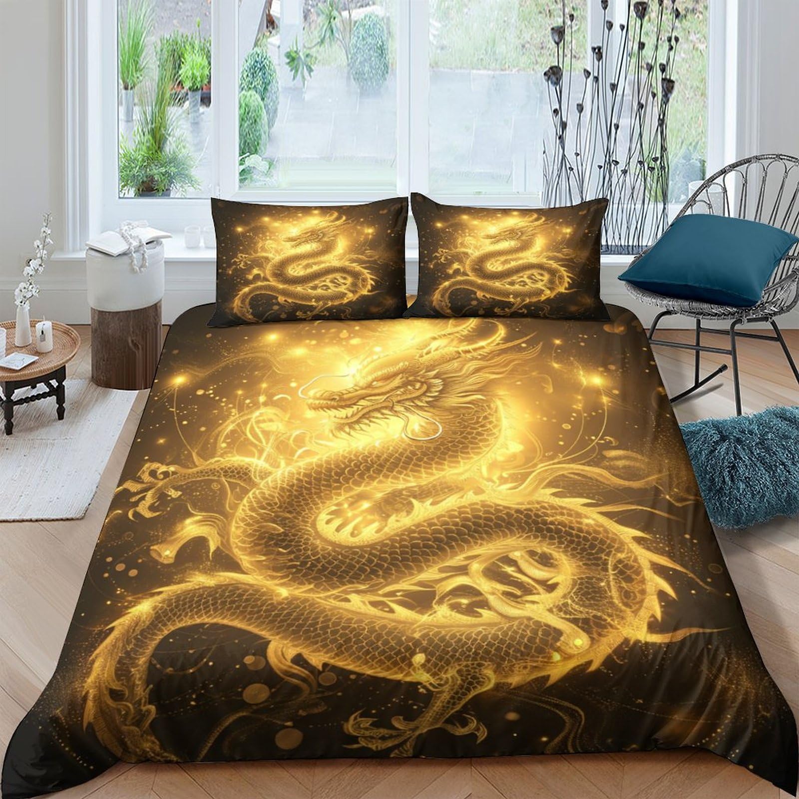 Stampato in 3D Loong cinese Copertina Stampata Microfibra Disegnata Set Di Biancheria Da Letto Con Chiusura A Cerniera Con 2 Federe,Double（200x200cm）, Per Ragazzi Adulti
