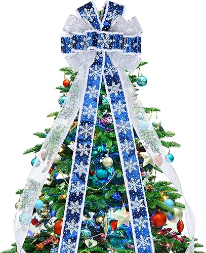 Lazo para decoración de árbol de Navidad, lazos grandes de Navidad de 13 x 53 pulgadas con borde con alambre, lazos decorativos para árbol de