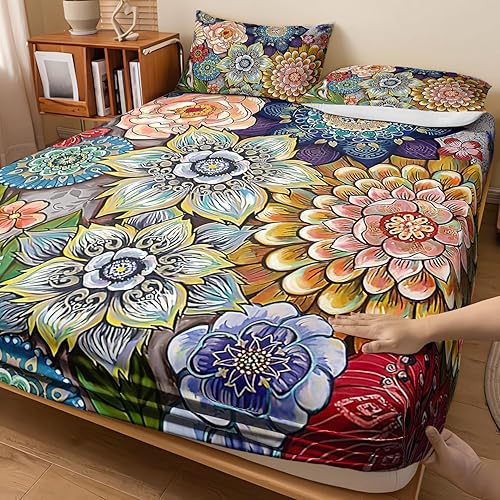 Vista 29 de Sábanas y fundas de almohada de microfibra suave arcoíris, sábana bajera ajustable con bolsillos profundos, sábana bajera ajustable para decoración