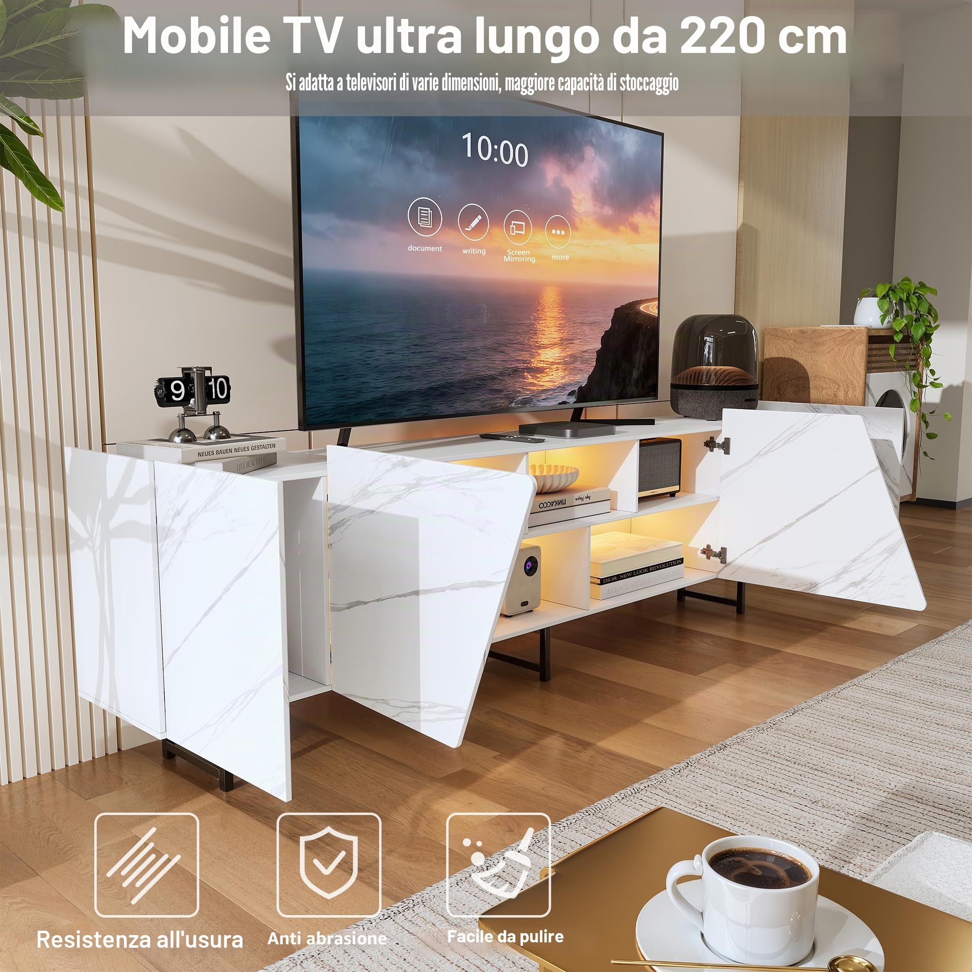Armadio TV con LED - Mobile TV con 4 porte - Mobile TV basso - Comodino - Mobile TV con spazio aperto per soggiorno, sala da pranzo, camera da letto - Bianco - 220 x 34 x 67 cm