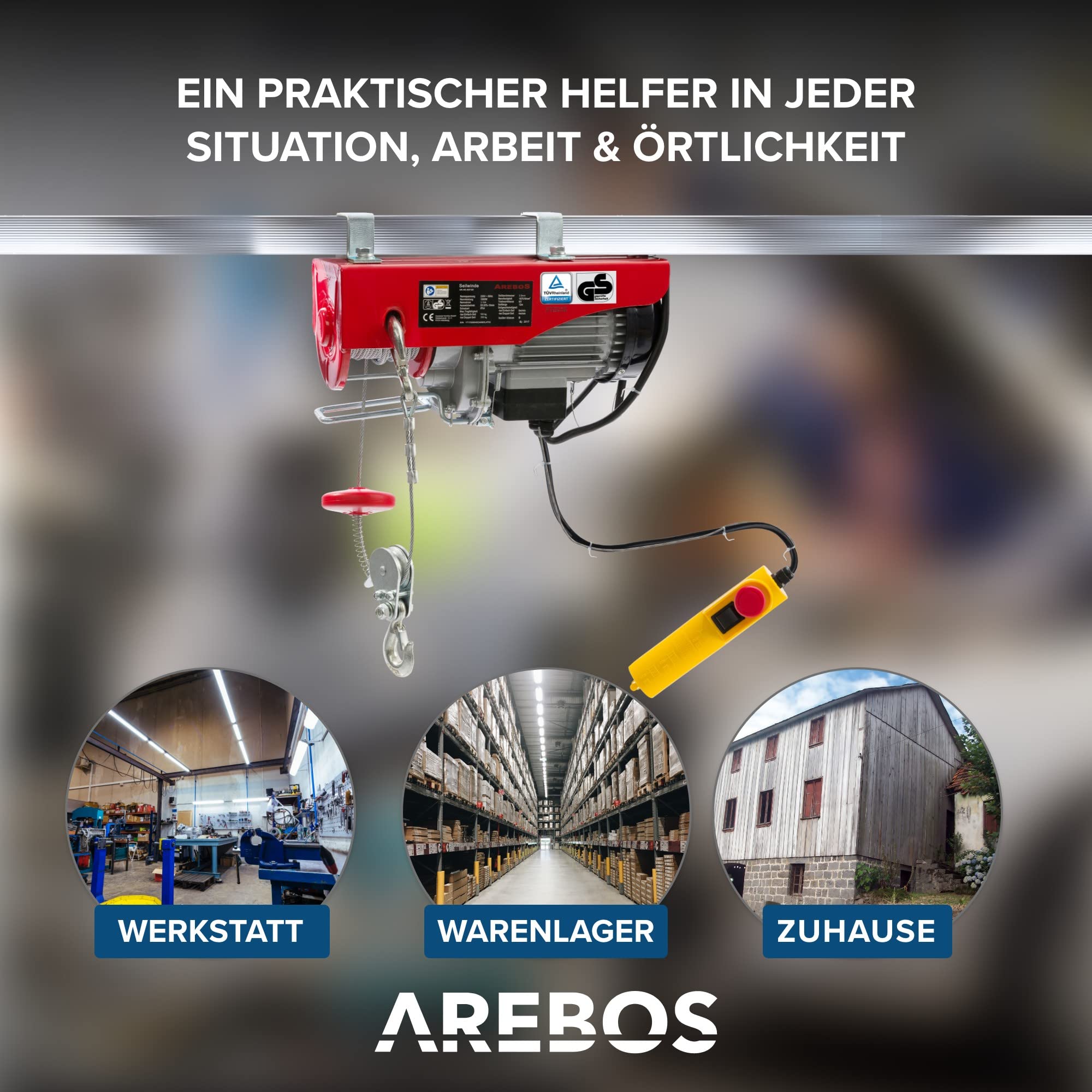 Arebos Elektrische Seilwinde 500W Motorwinde Kabelfernbedienung Tragkraft 100-200kg Hubhöhe 12m TÜV Rheinland GS