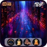 サイバーパンクな雰囲気：未来都市のビジュアルとネオンシンセウェーブのスクリーンセーバー