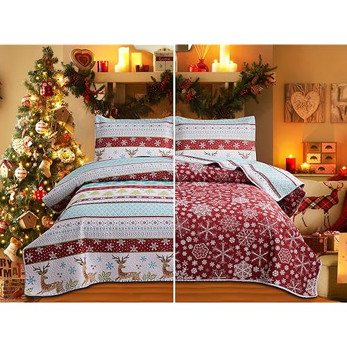 Jessy Home Christmas Bedding Set Queen Size Christmas Quilt Bedspread Xmas Reversible Christmas Coverlet Rustic Lodge Deer Snowflake Cabin Home Holiday Decor Christmas